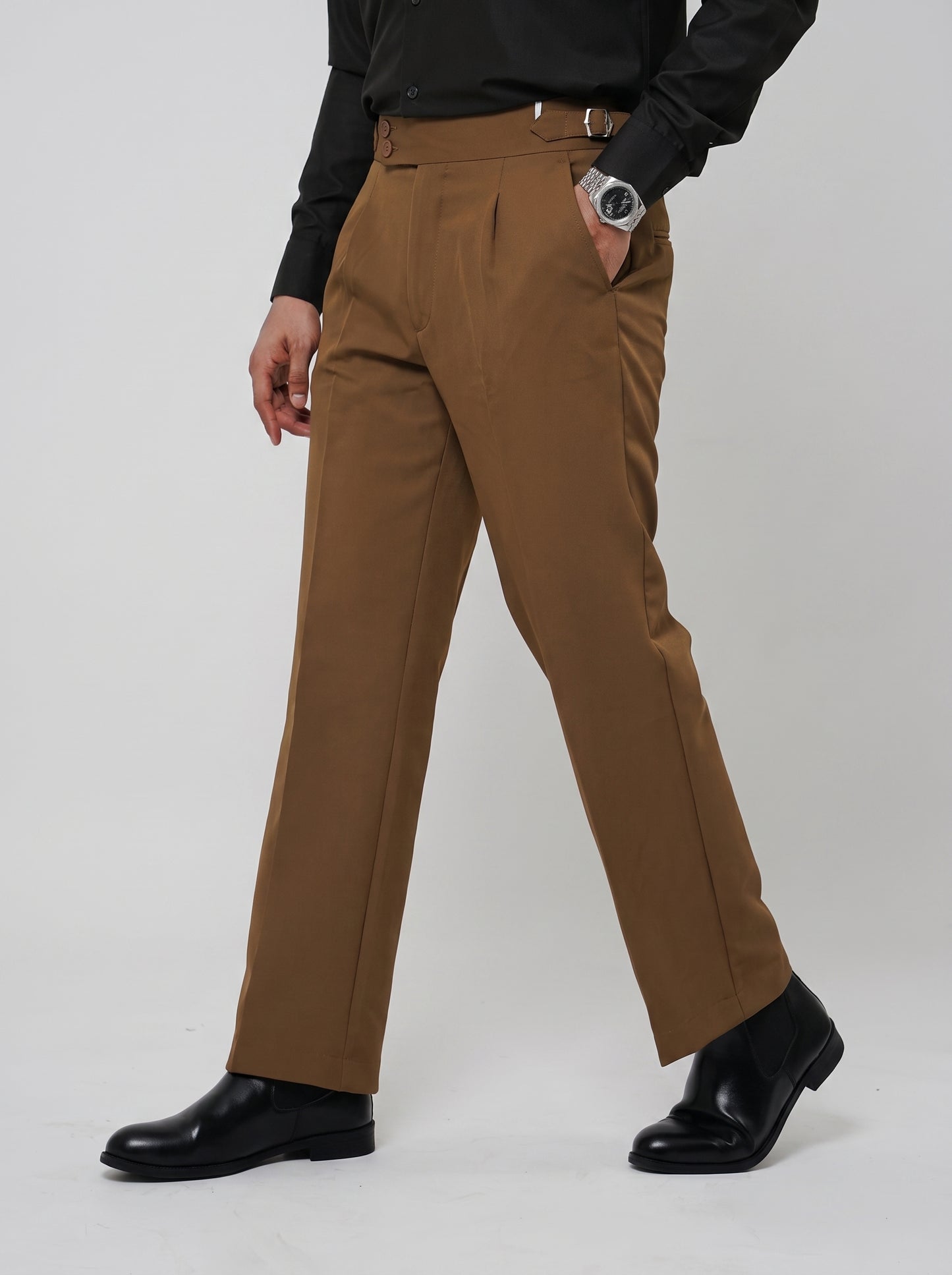 Pleated Chocolate Brown Gurkha Straight fit Trousers