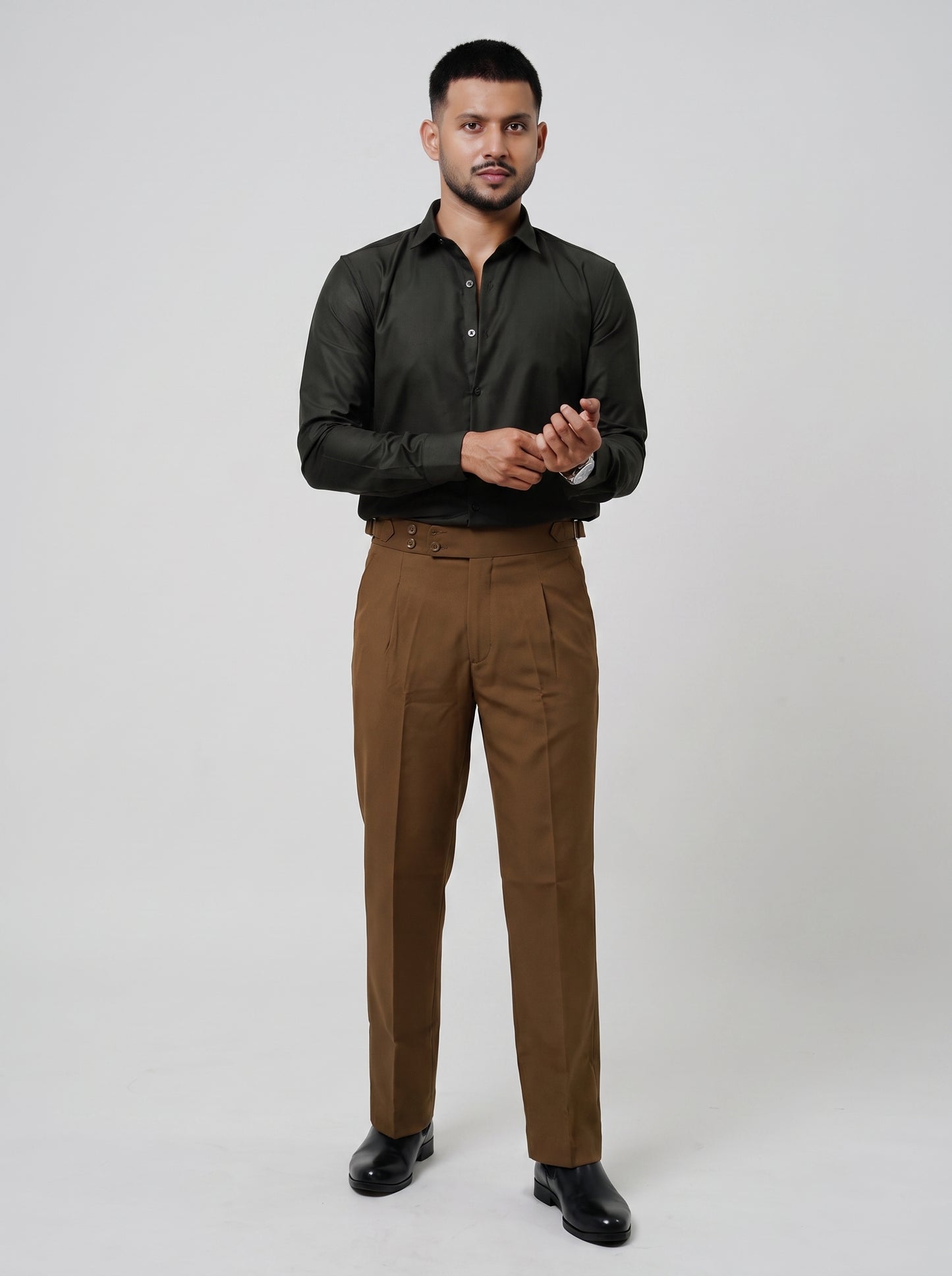Pleated Chocolate Brown Gurkha Straight fit Trousers