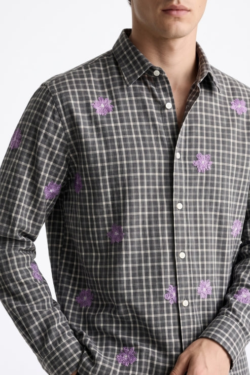 Charcoal Check Floral Embroidered Shirt