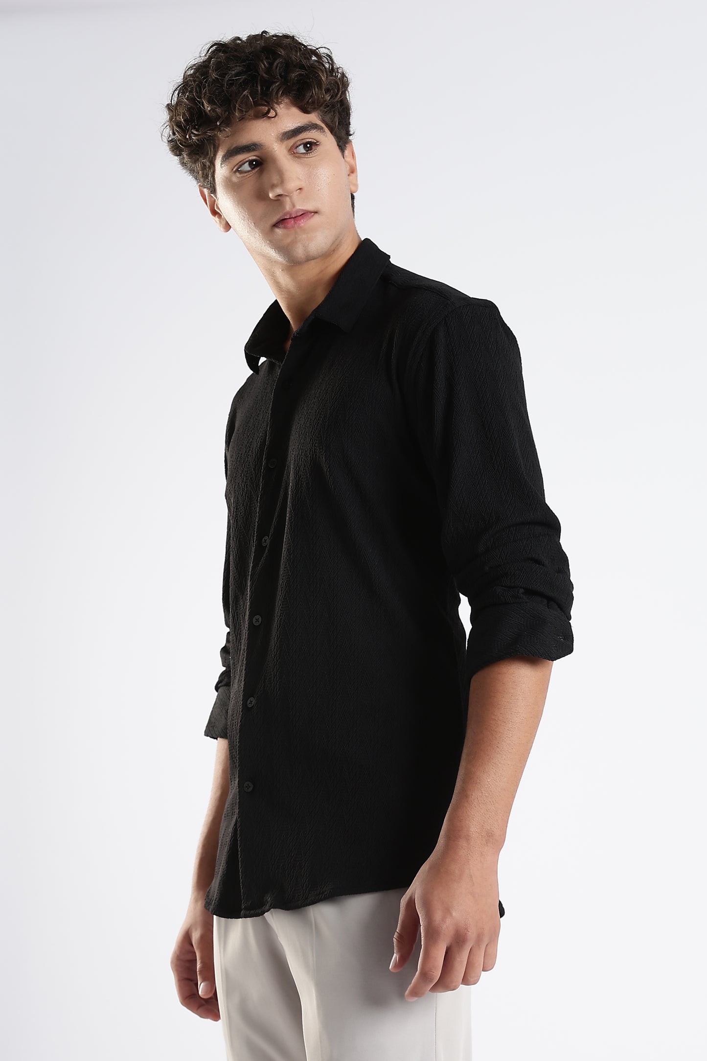Regular Fit Black Jacquard Fabric Shirt