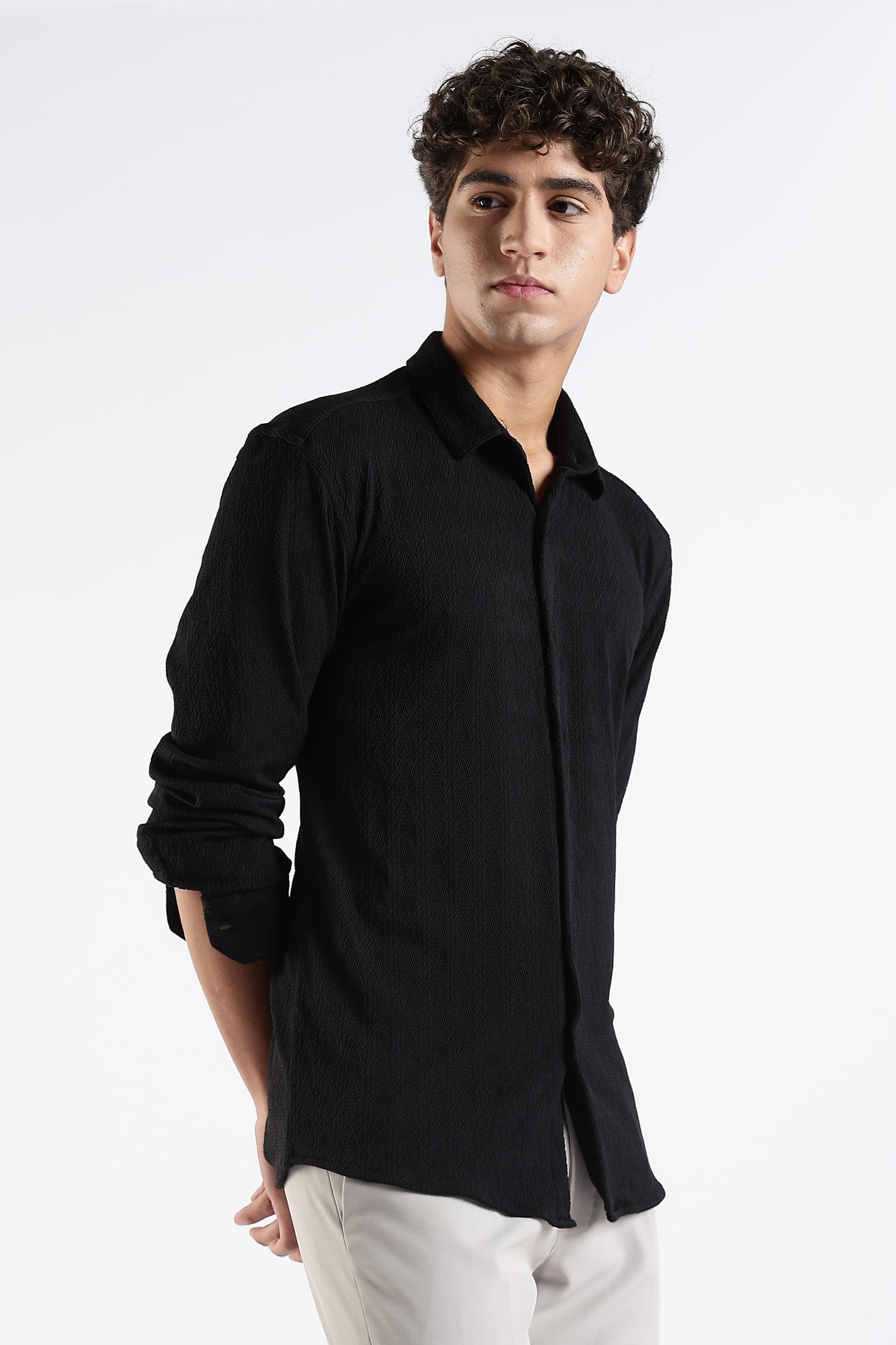 Regular Fit Black Jacquard Fabric Shirt
