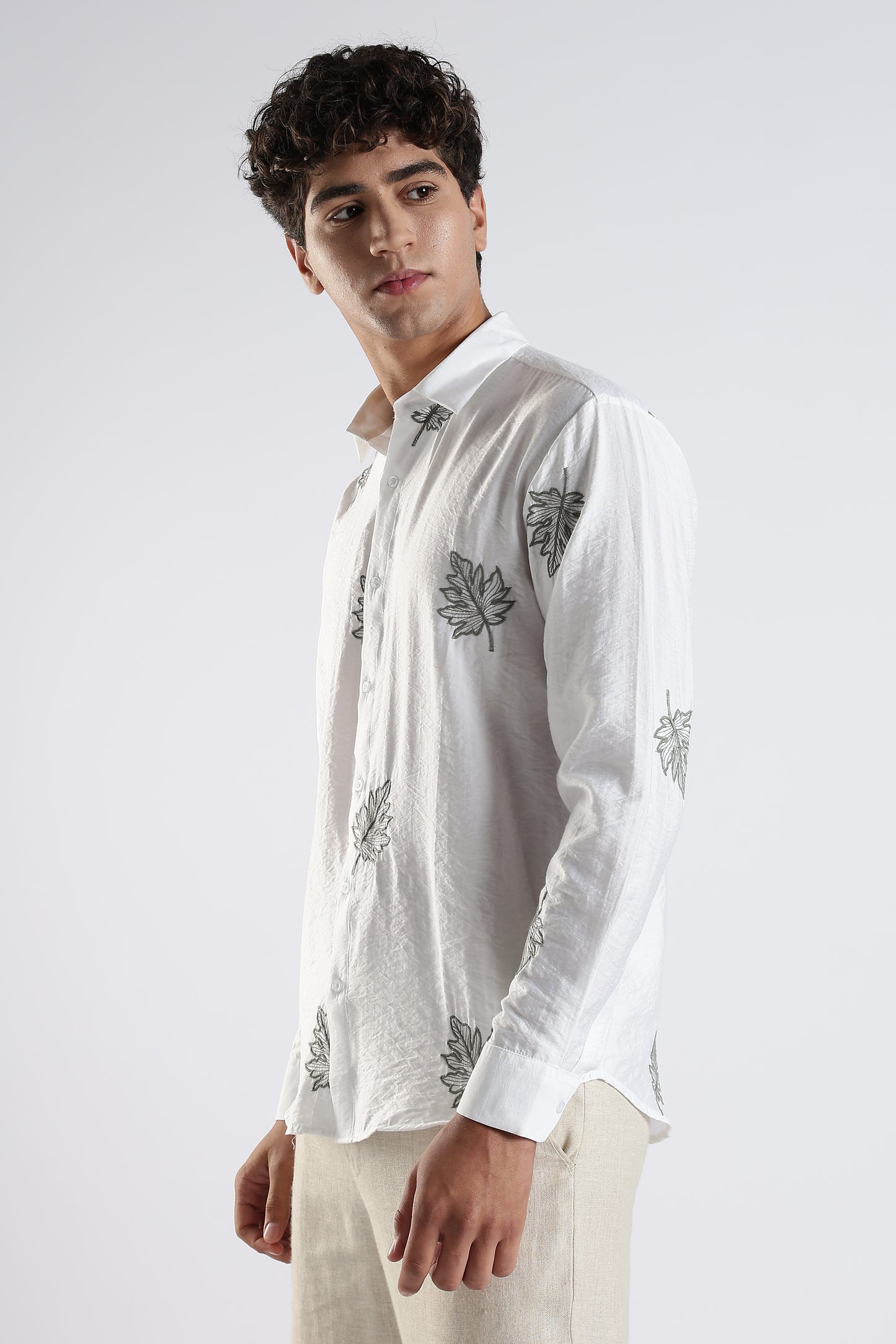 Slim Fit White Embroidery Design Shirt