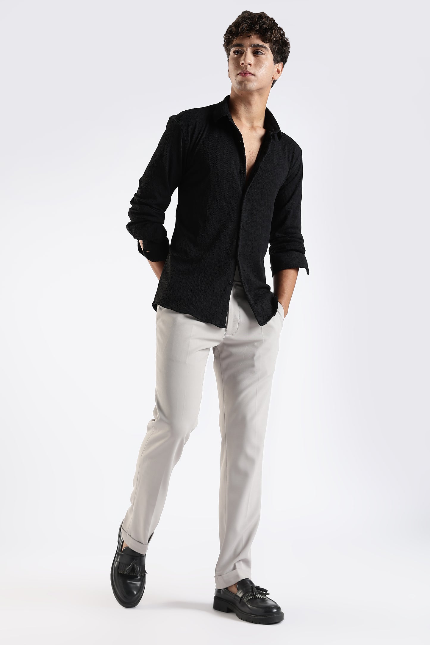 Regular Fit Black Jacquard Fabric Shirt