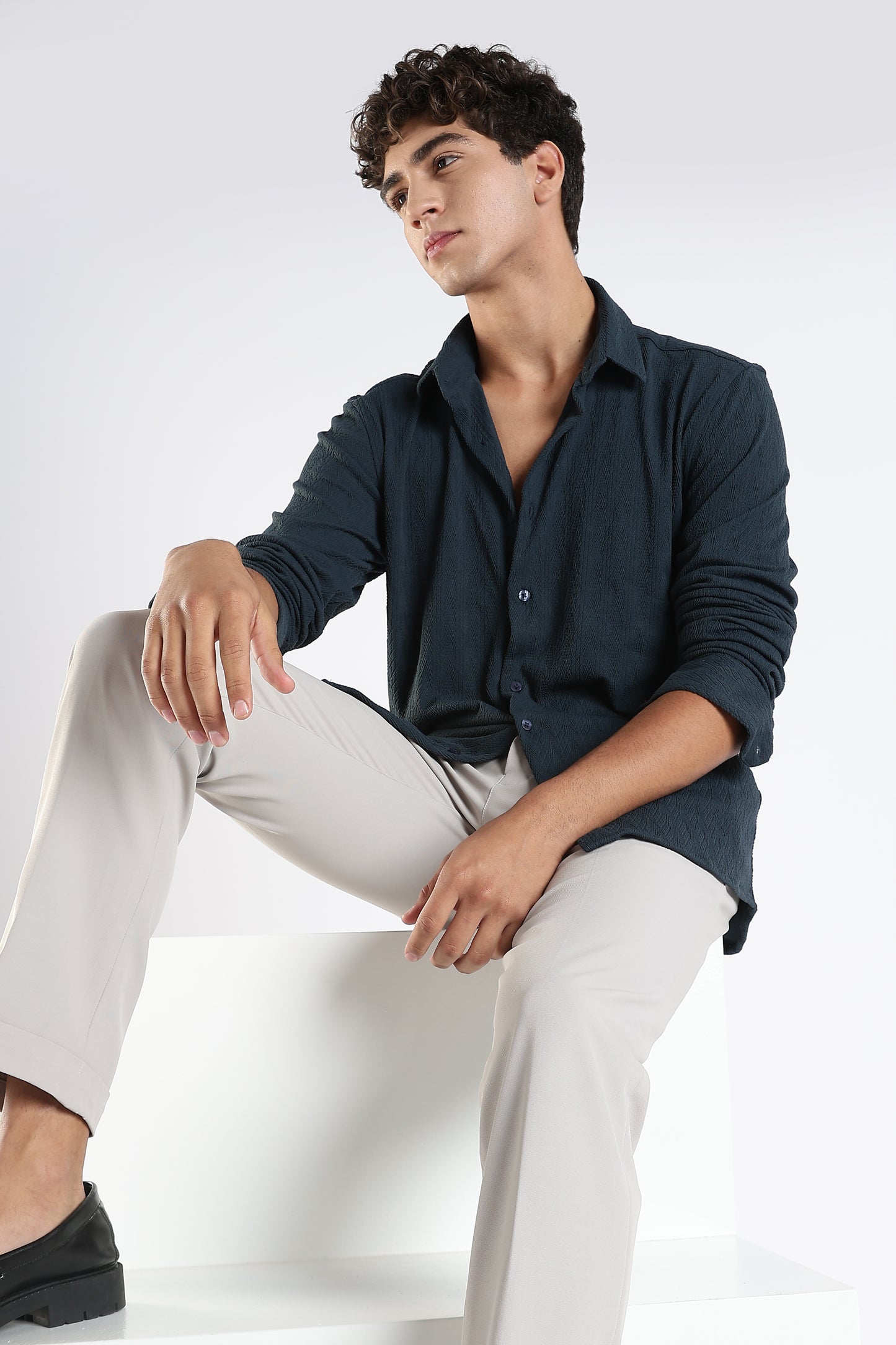 Regular Fit Dark Blue Jacquard Fabric Shirt