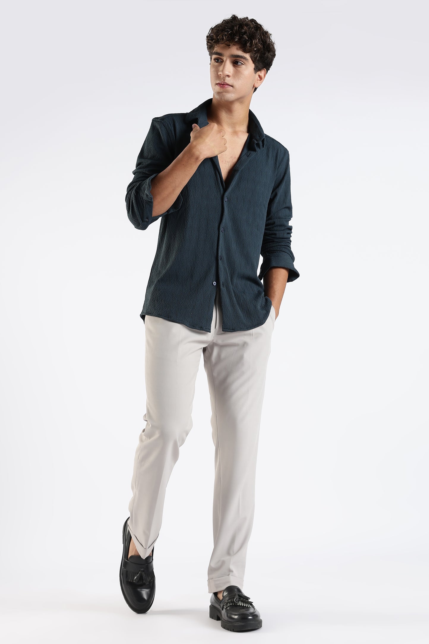 Regular Fit Dark Blue Jacquard Fabric Shirt
