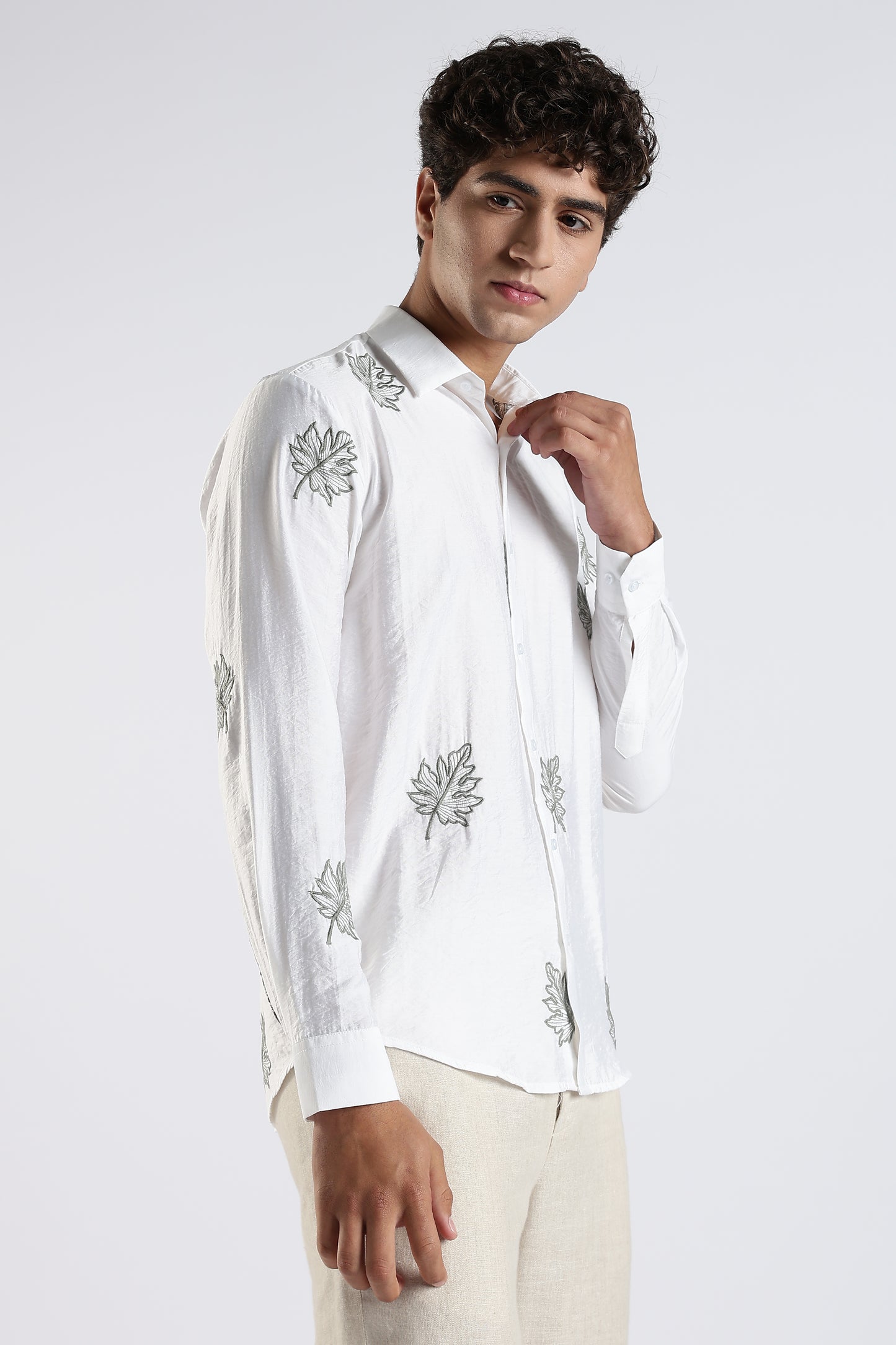 Slim Fit White Embroidery Design Shirt