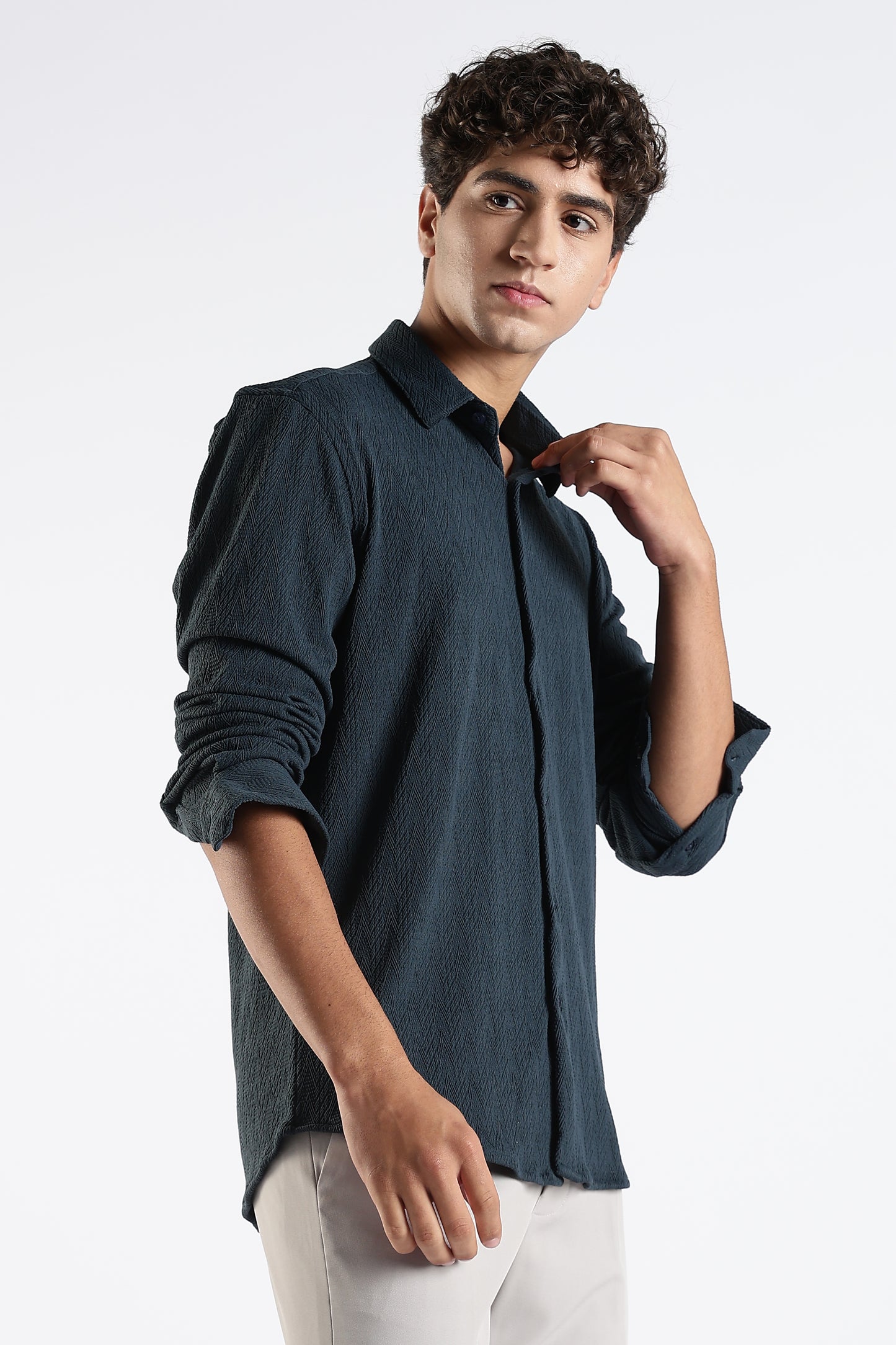 Regular Fit Dark Blue Jacquard Fabric Shirt