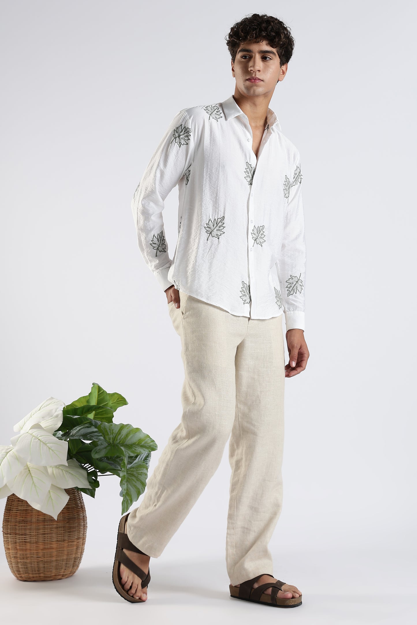 Slim Fit White Embroidery Design Shirt