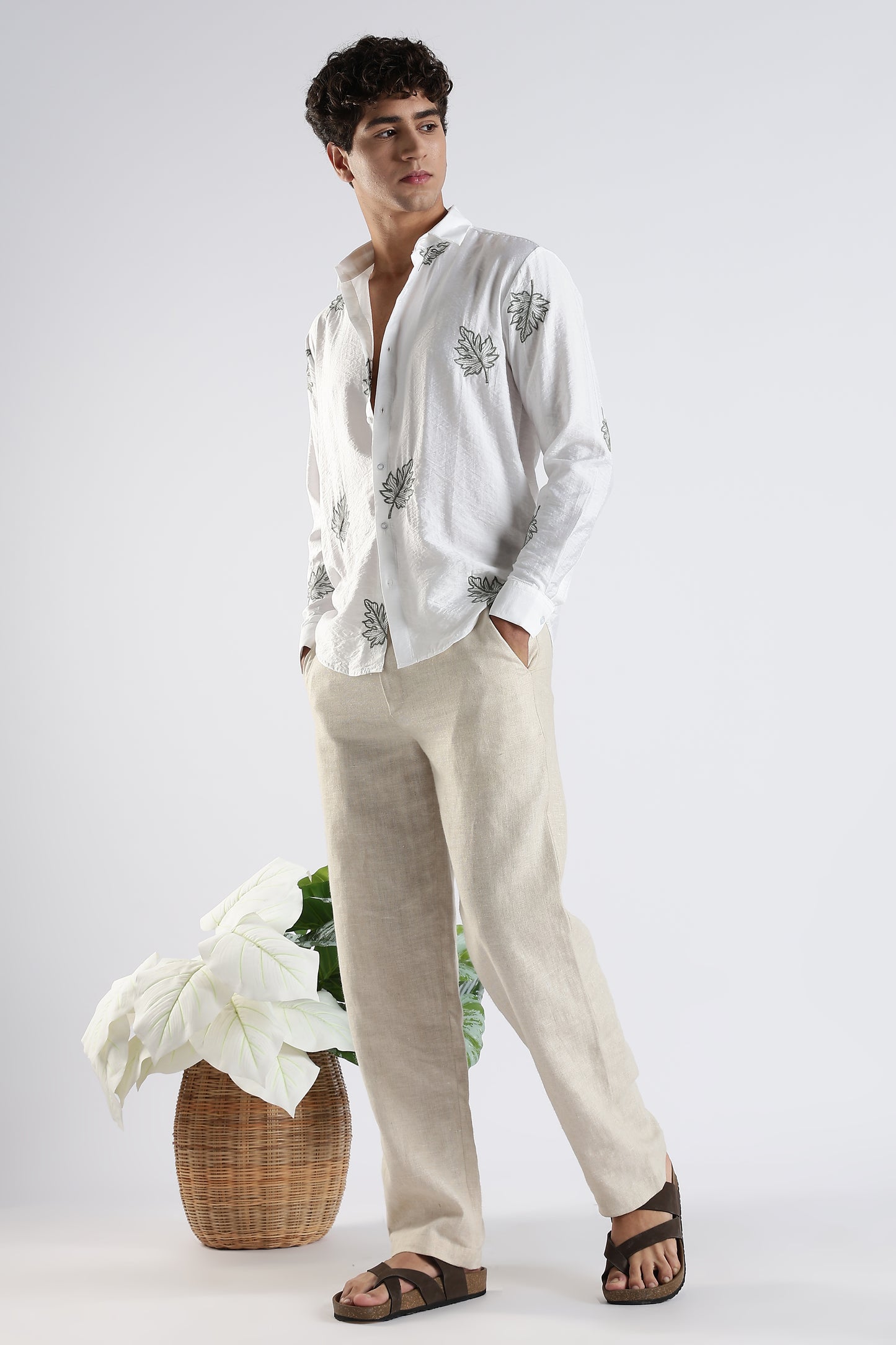 Slim Fit White Embroidery Design Shirt