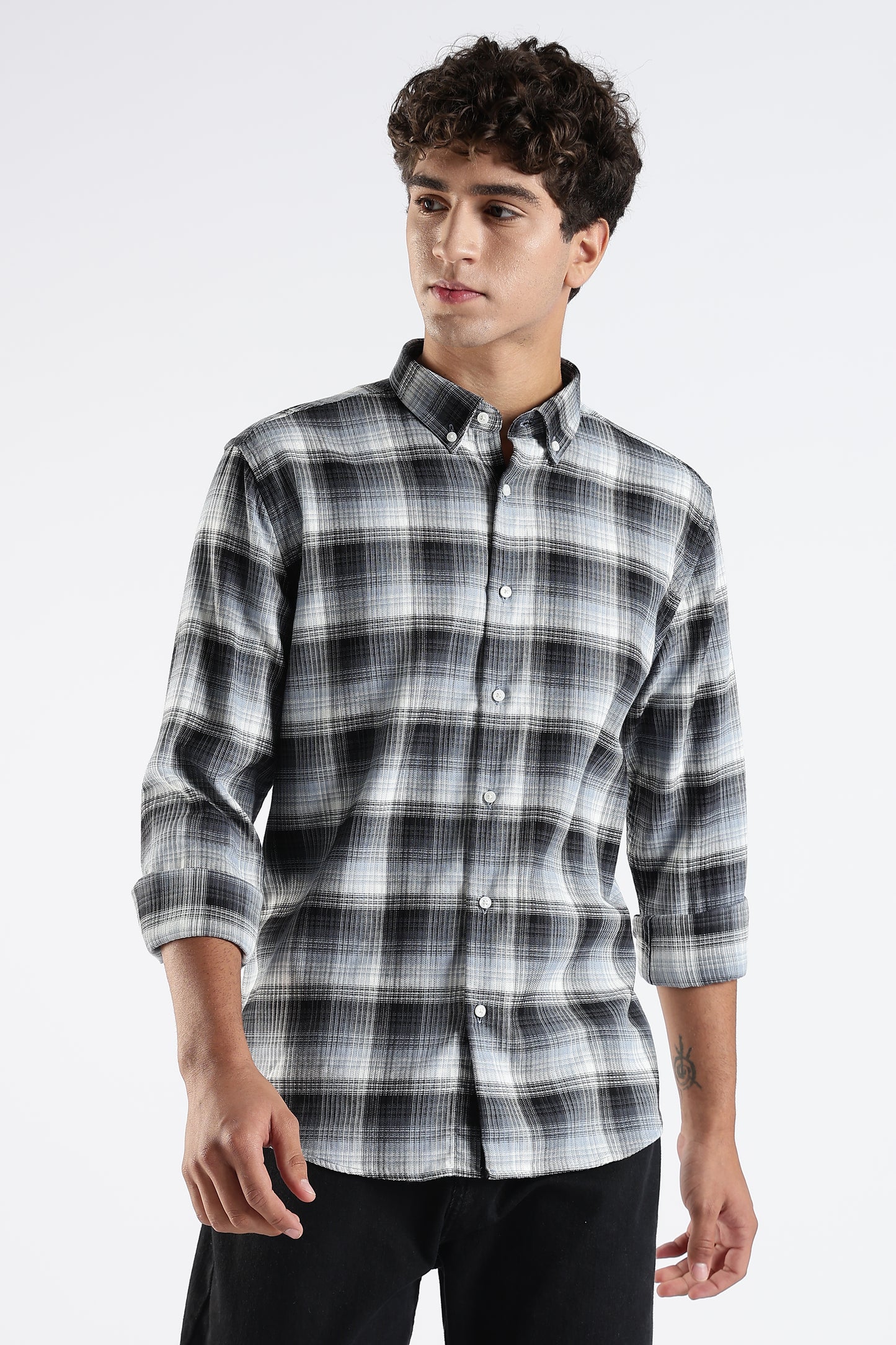 Regular Fit White & Grey Shirt with Black Gradient Tartan Checks