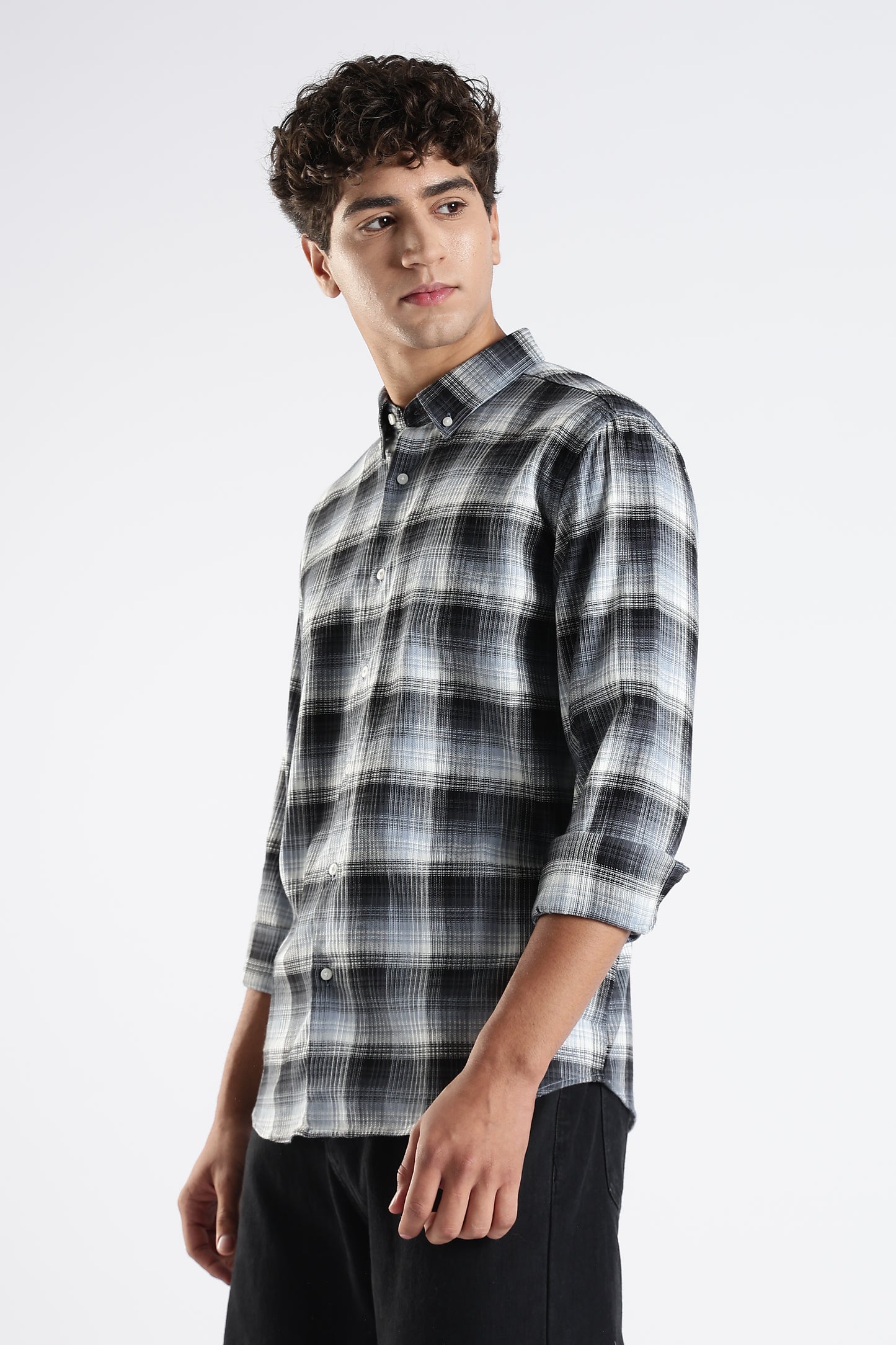 Regular Fit White & Grey Shirt with Black Gradient Tartan Checks