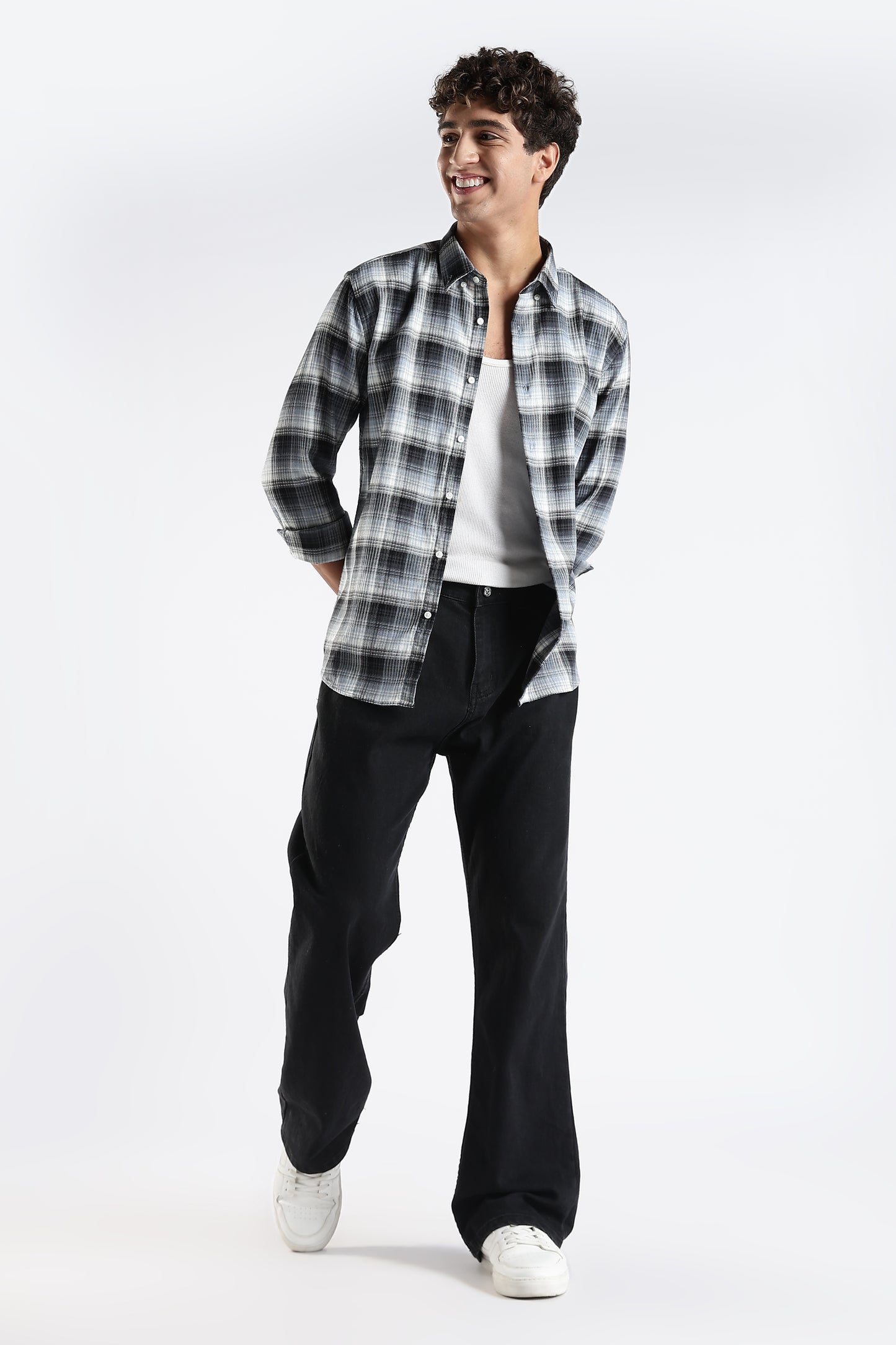 Regular Fit White & Grey Shirt with Black Gradient Tartan Checks