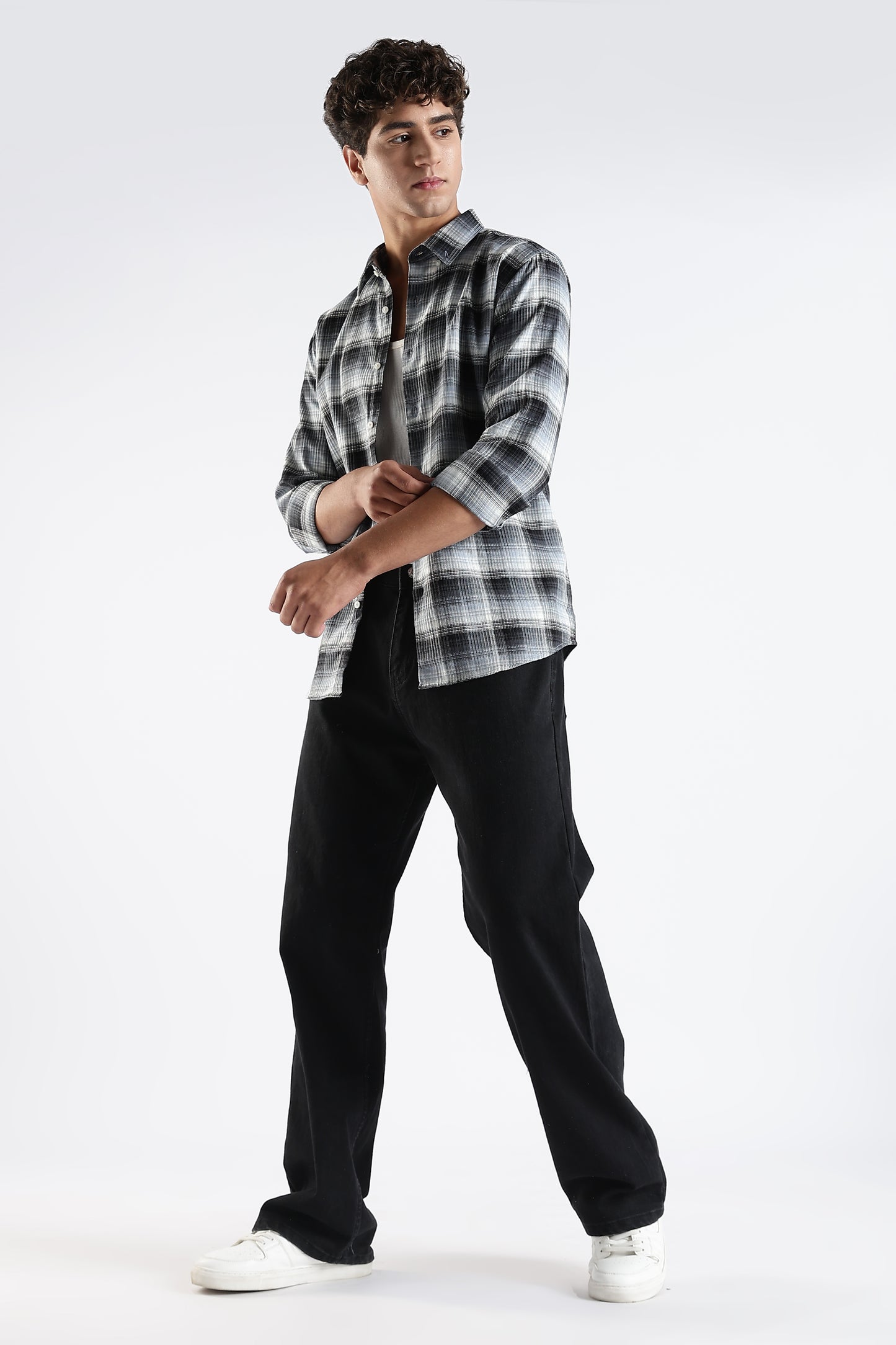 Regular Fit White & Grey Shirt with Black Gradient Tartan Checks