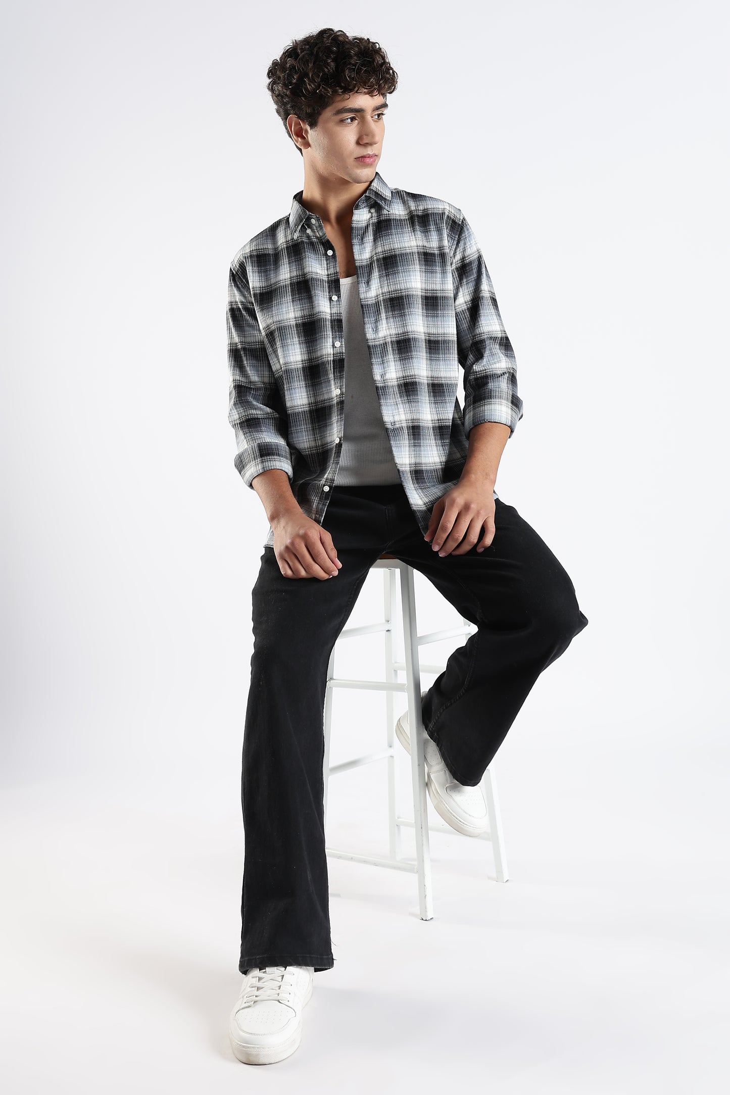 Regular Fit White & Grey Shirt with Black Gradient Tartan Checks