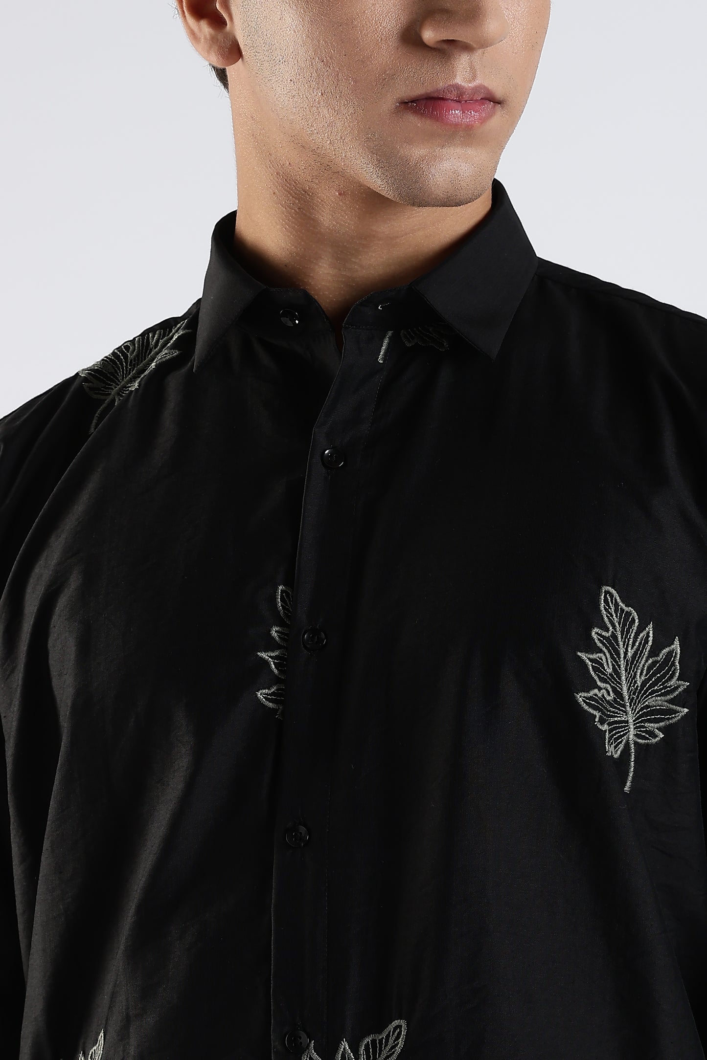 Slim Fit Embroidery Black Shirt
