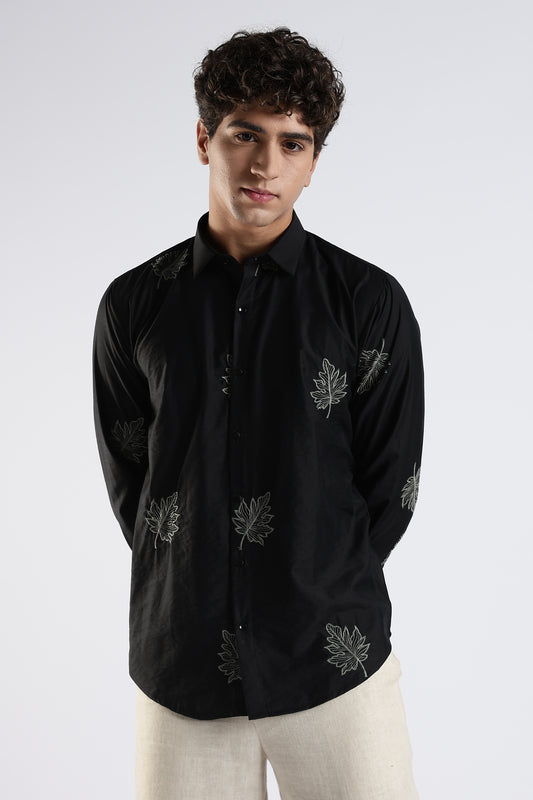 Slim Fit Embroidery Black Shirt