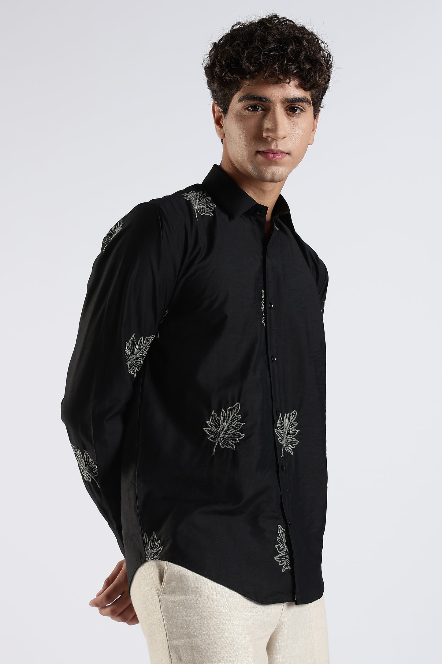Slim Fit Embroidery Black Shirt
