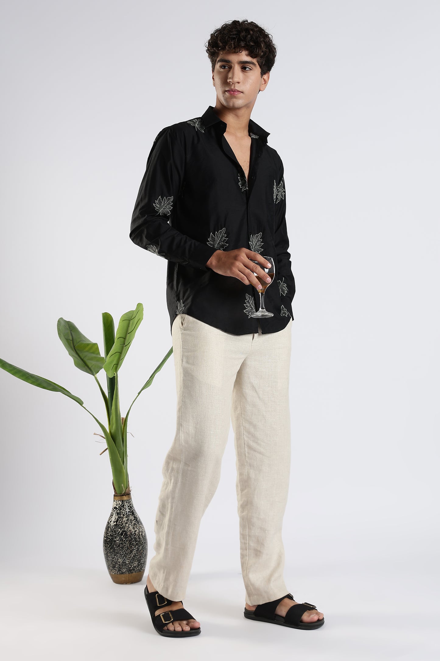 Slim Fit Embroidery Black Shirt