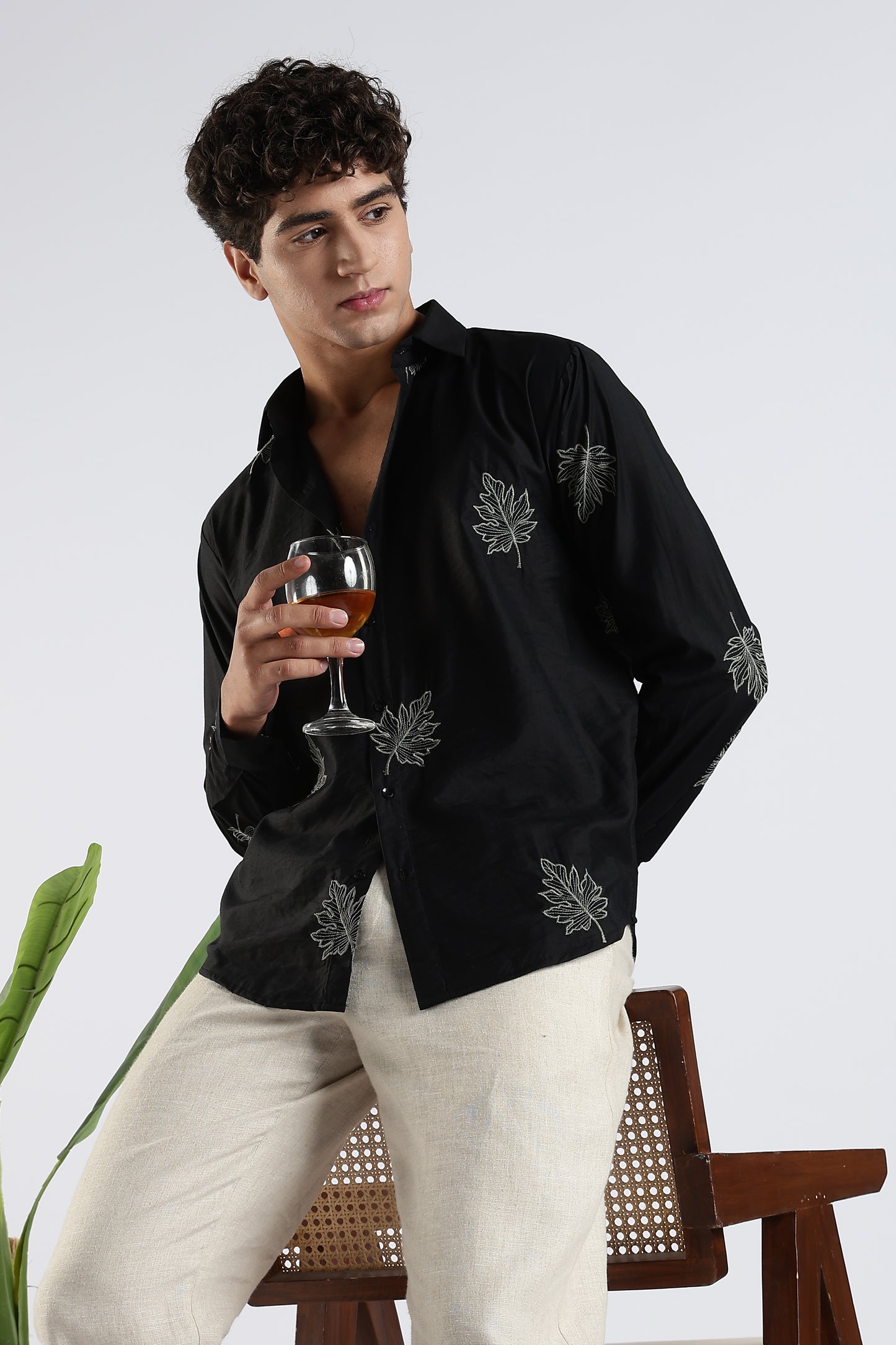 Slim Fit Embroidery Black Shirt