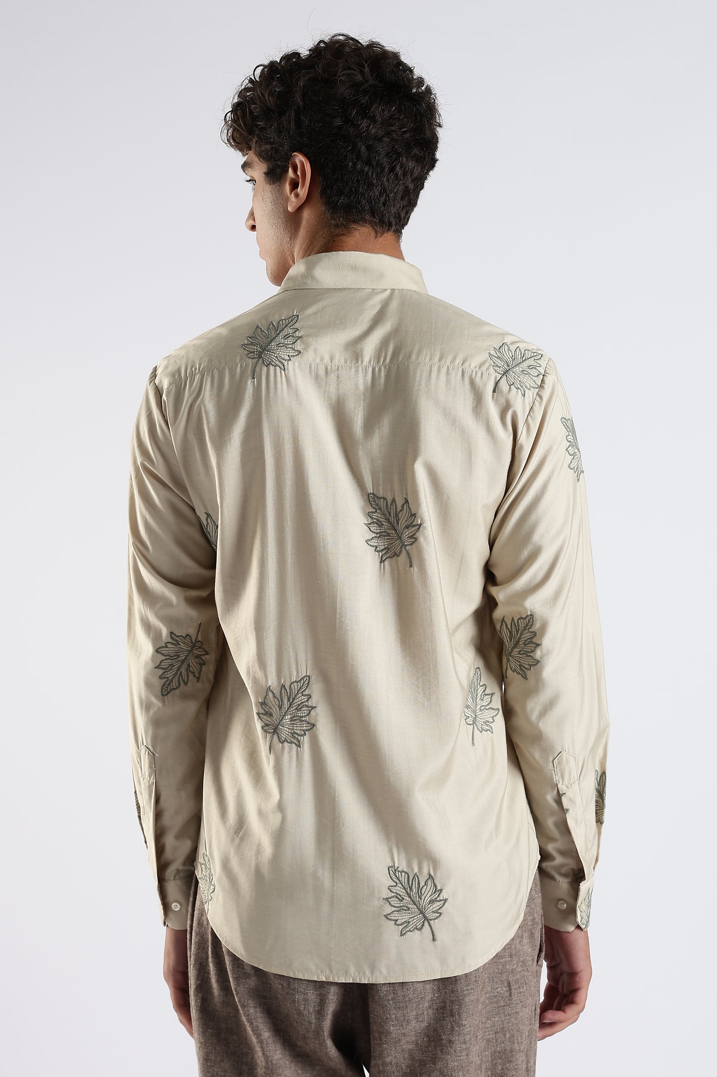 Slim Fit Beige Linen Embroidery Shirt