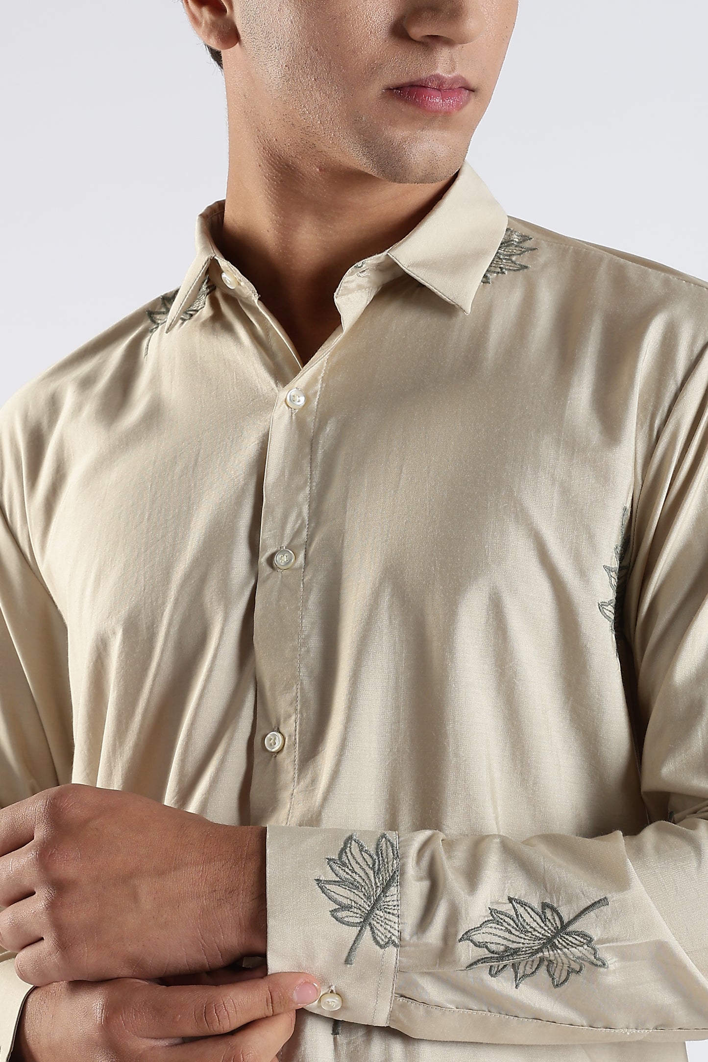 Slim Fit Beige Linen Embroidery Shirt