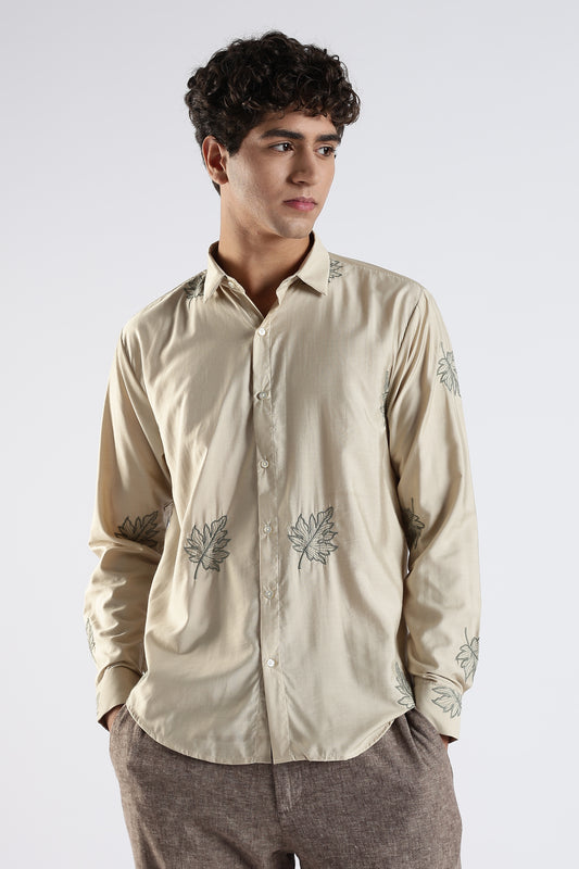 Slim Fit Beige Linen Embroidery Shirt