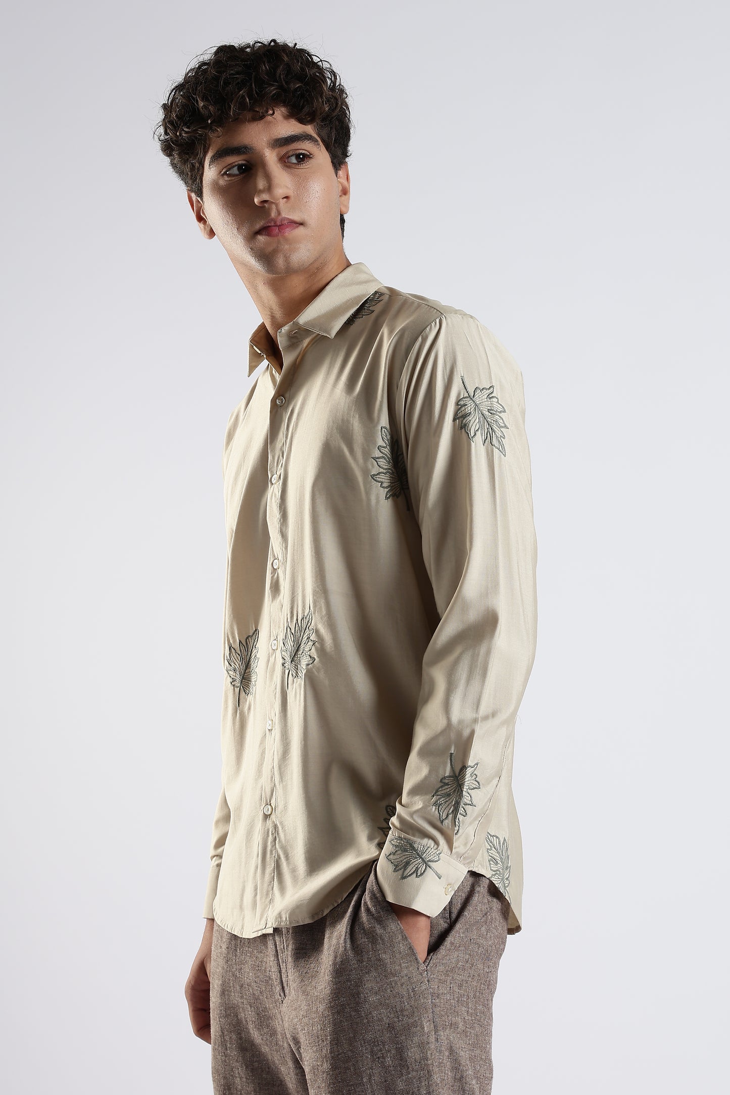 Slim Fit Beige Linen Embroidery Shirt