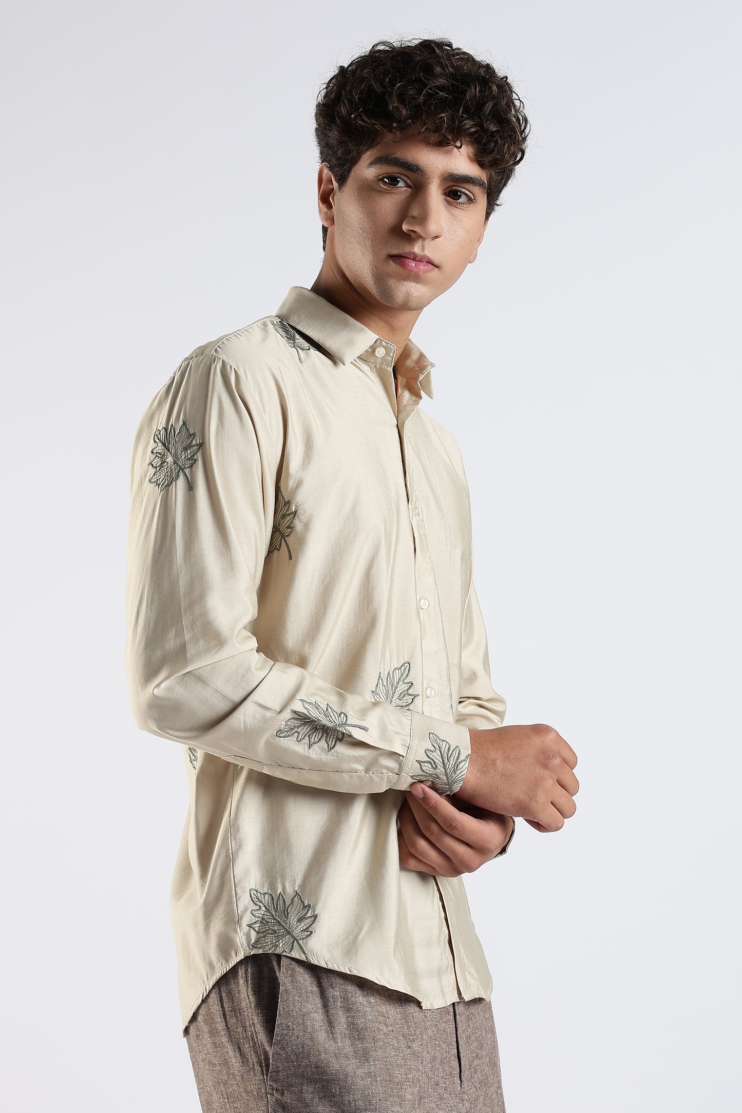 Slim Fit Beige Linen Embroidery Shirt