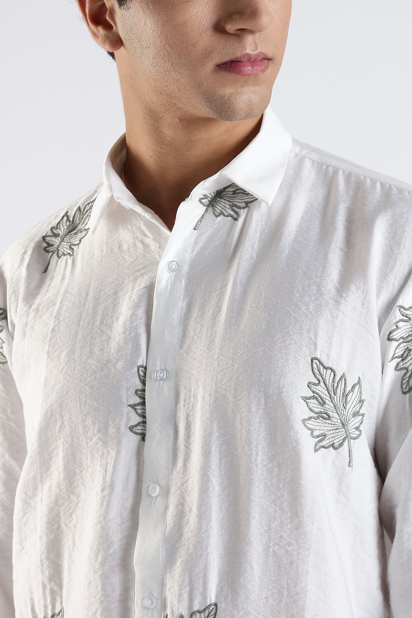 Slim Fit White Embroidery Design Shirt