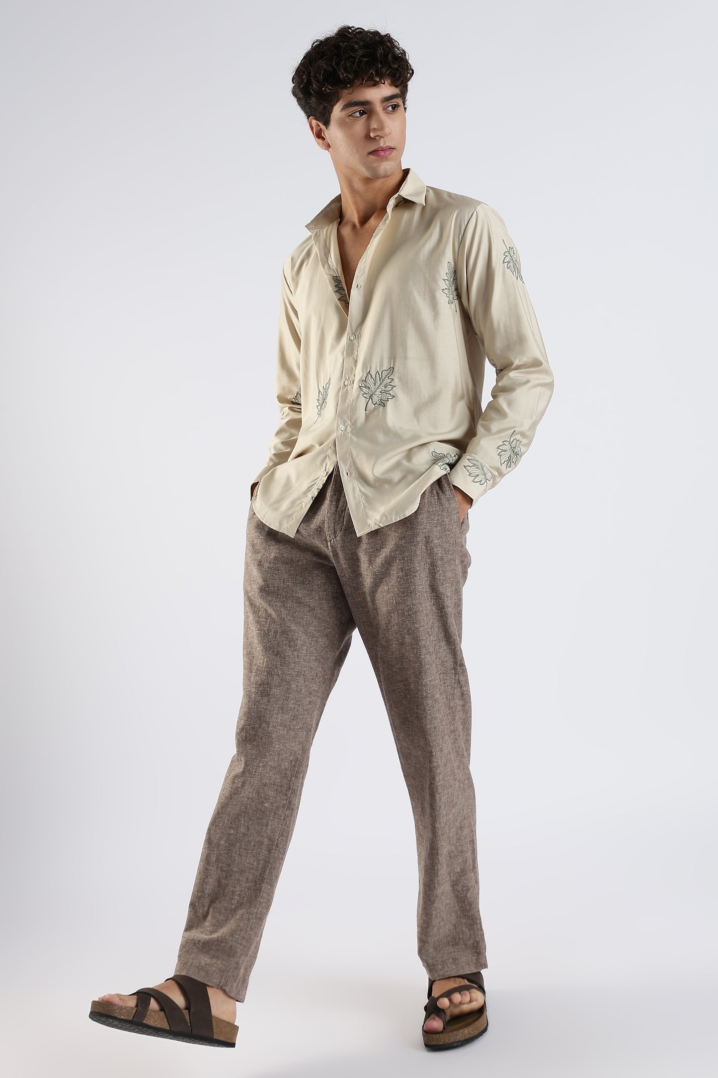 Slim Fit Beige Linen Embroidery Shirt