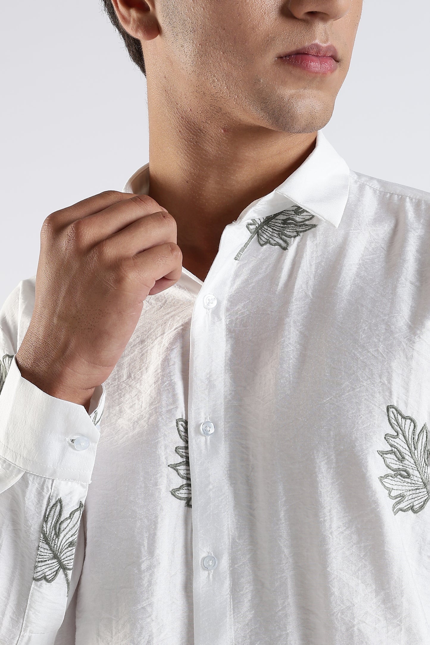 Slim Fit White Embroidery Design Shirt