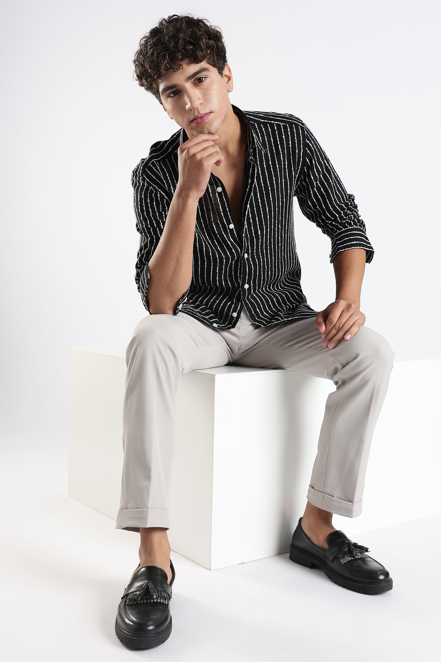 Regular Fit Black and White Stripe Shirt