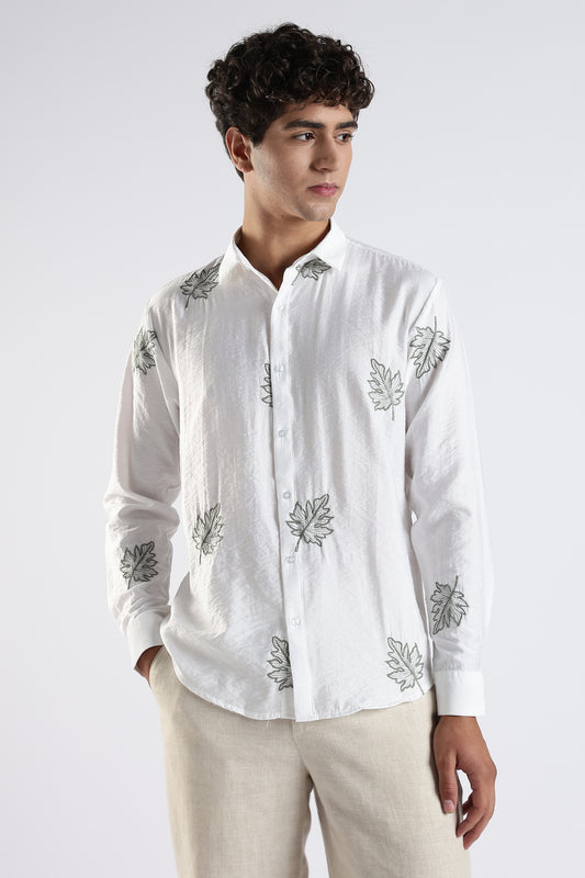 Slim Fit White Embroidery Design Shirt