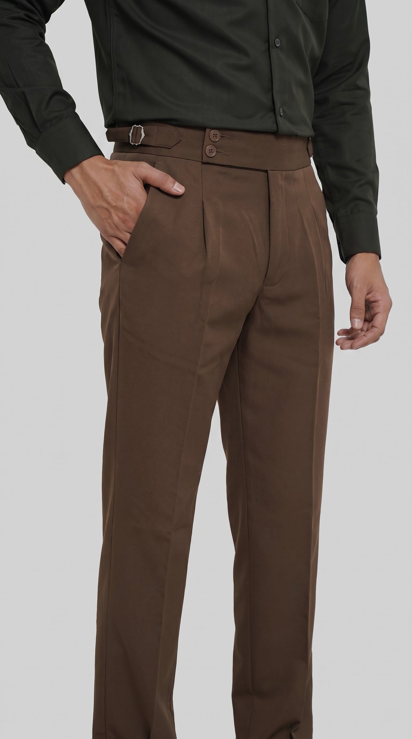 Pleated Espresso Brown Gurkha Straight fit Trousers