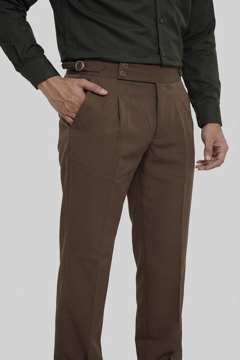 Pleated Espresso Brown Gurkha Straight fit Trousers