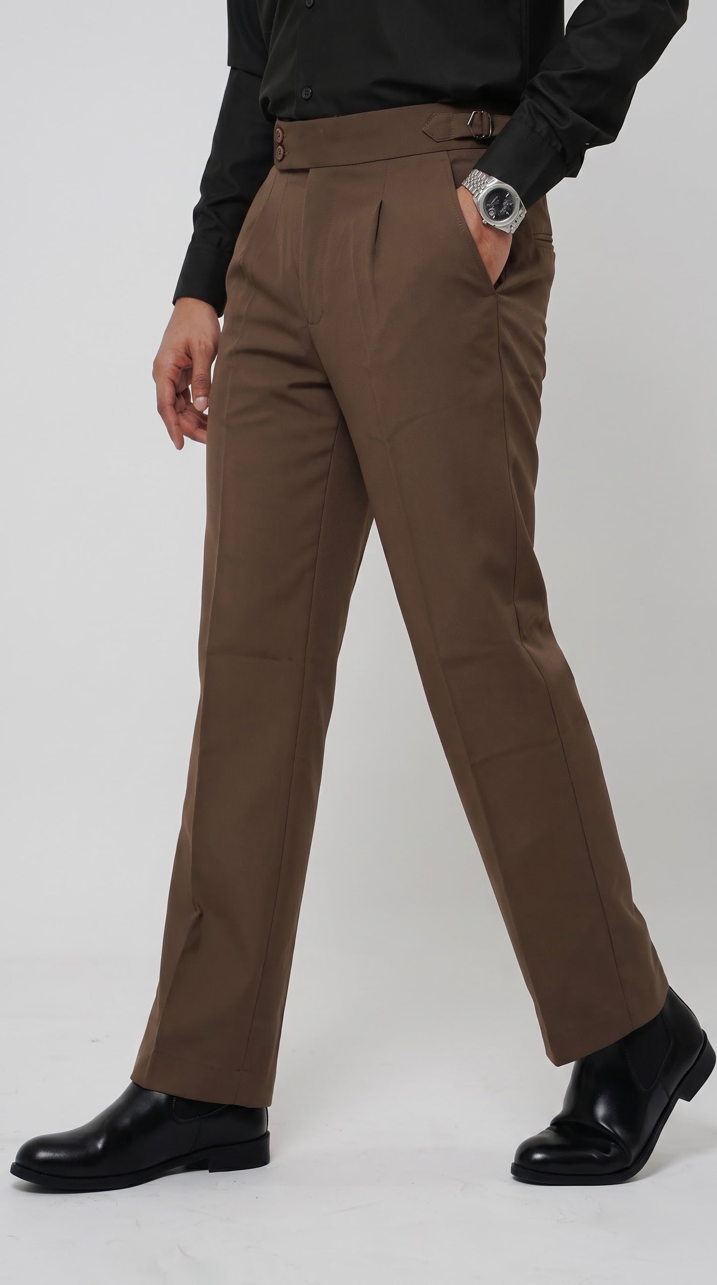 Pleated Espresso Brown Gurkha Straight fit Trousers