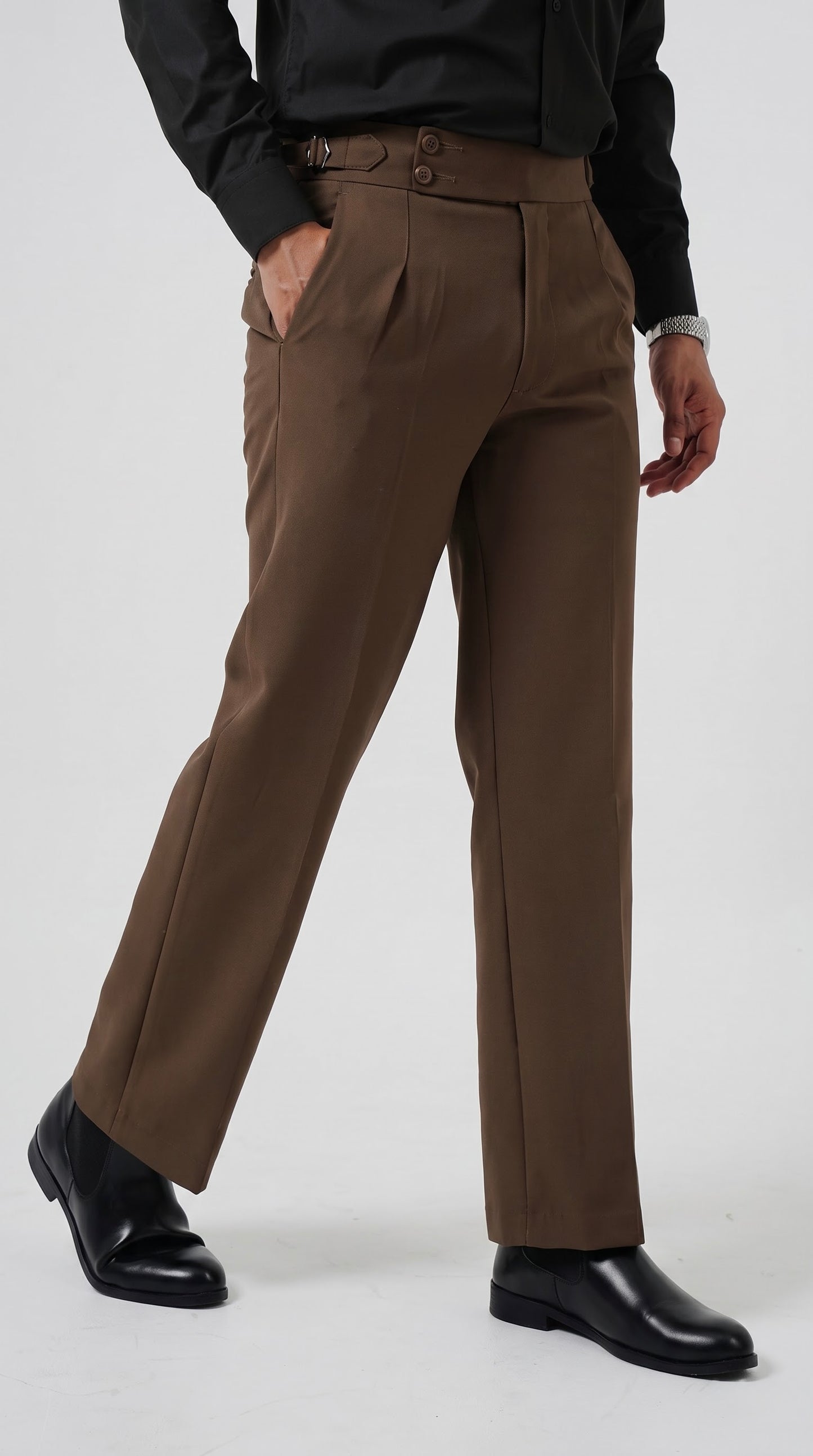 Pleated Espresso Brown Gurkha Straight fit Trousers