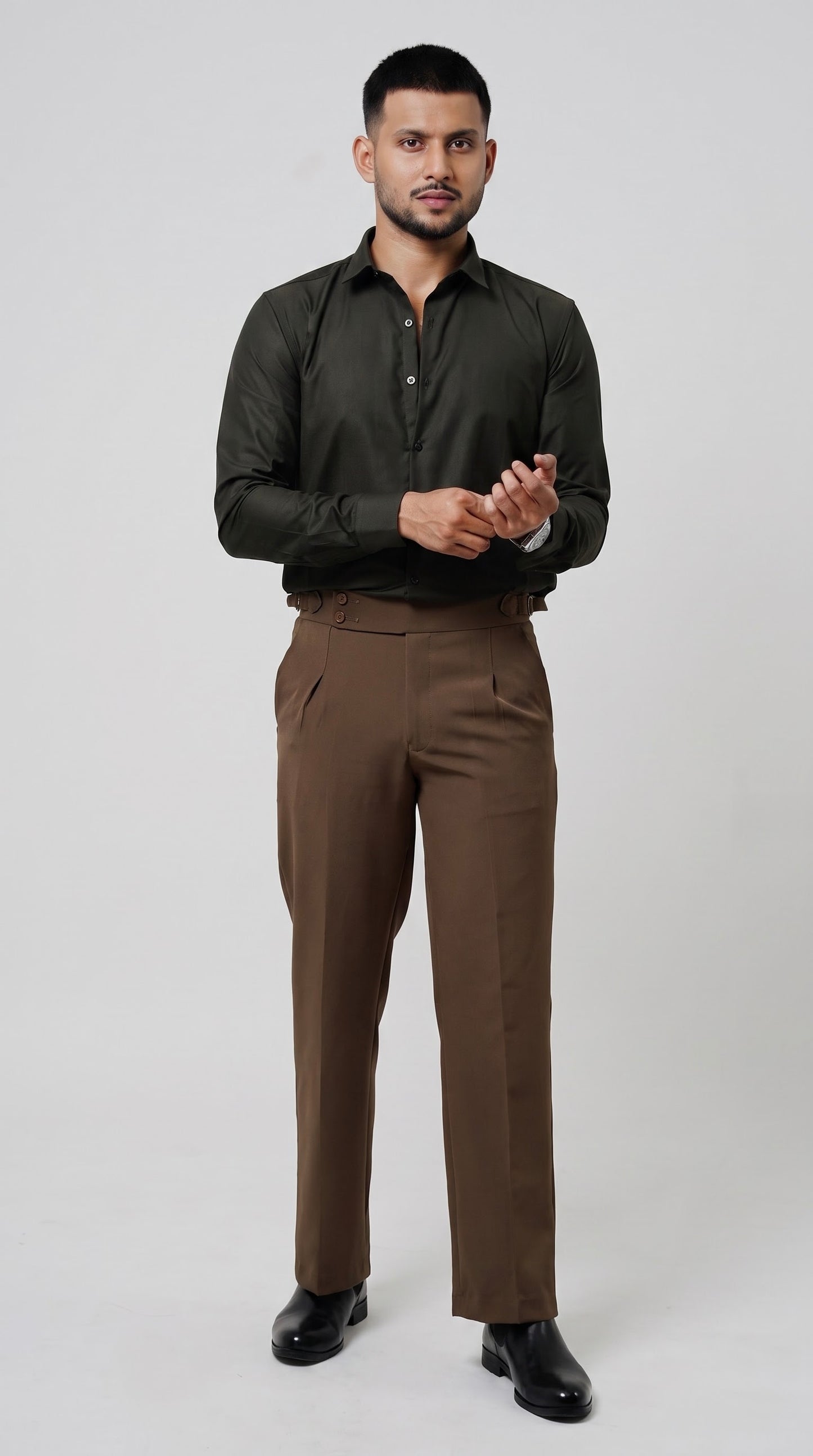 Pleated Espresso Brown Gurkha Straight fit Trousers