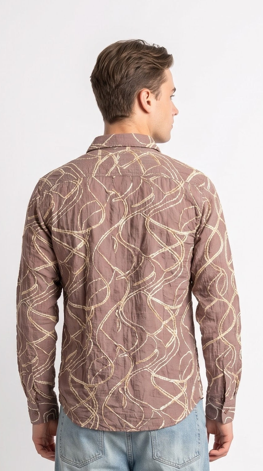 Abstract Embroidered Crushed Texture Shirt - Mauve Brown