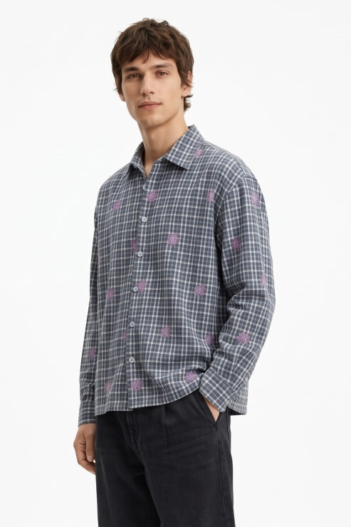 Heavy Fabric Boxy Fit Check Shirt - Slate Blue
