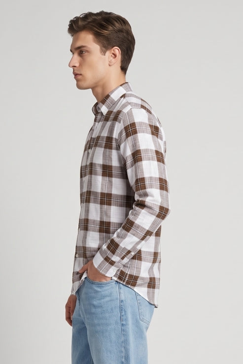 Regular Fit Imported Fabric White /Brown Check Shirts