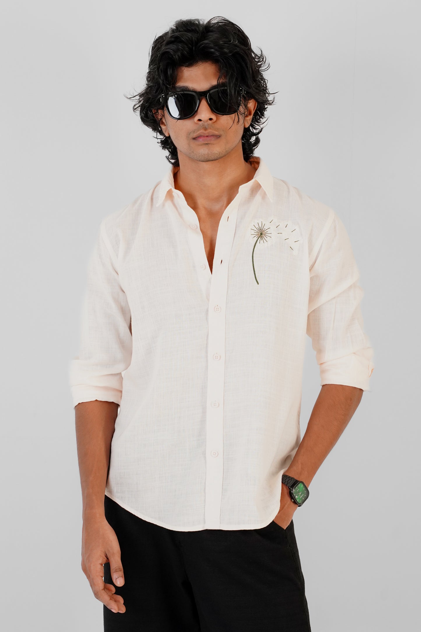 Floral Embroidered Peach Linen Shirt
