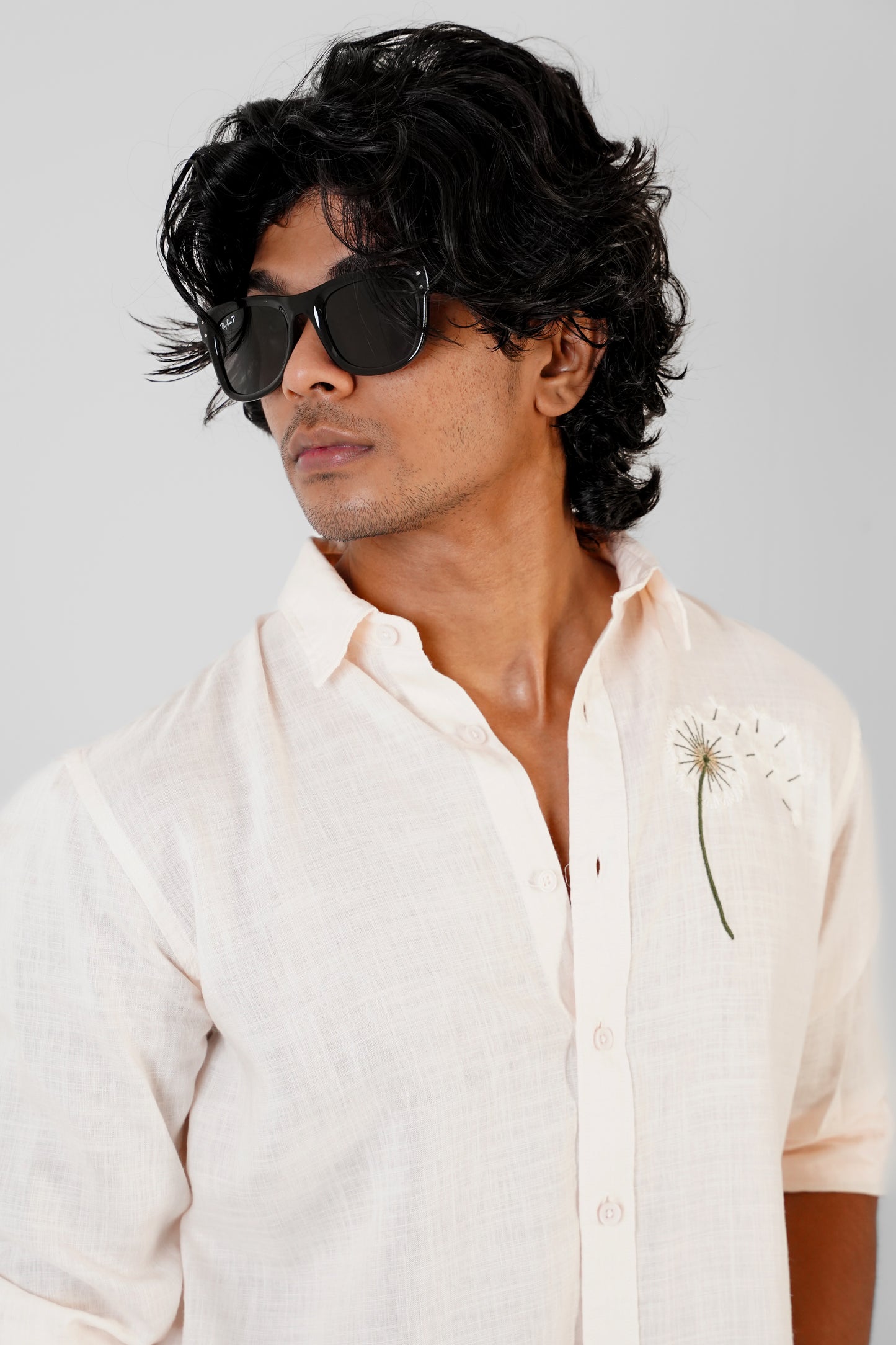 Floral Embroidered Peach Linen Shirt