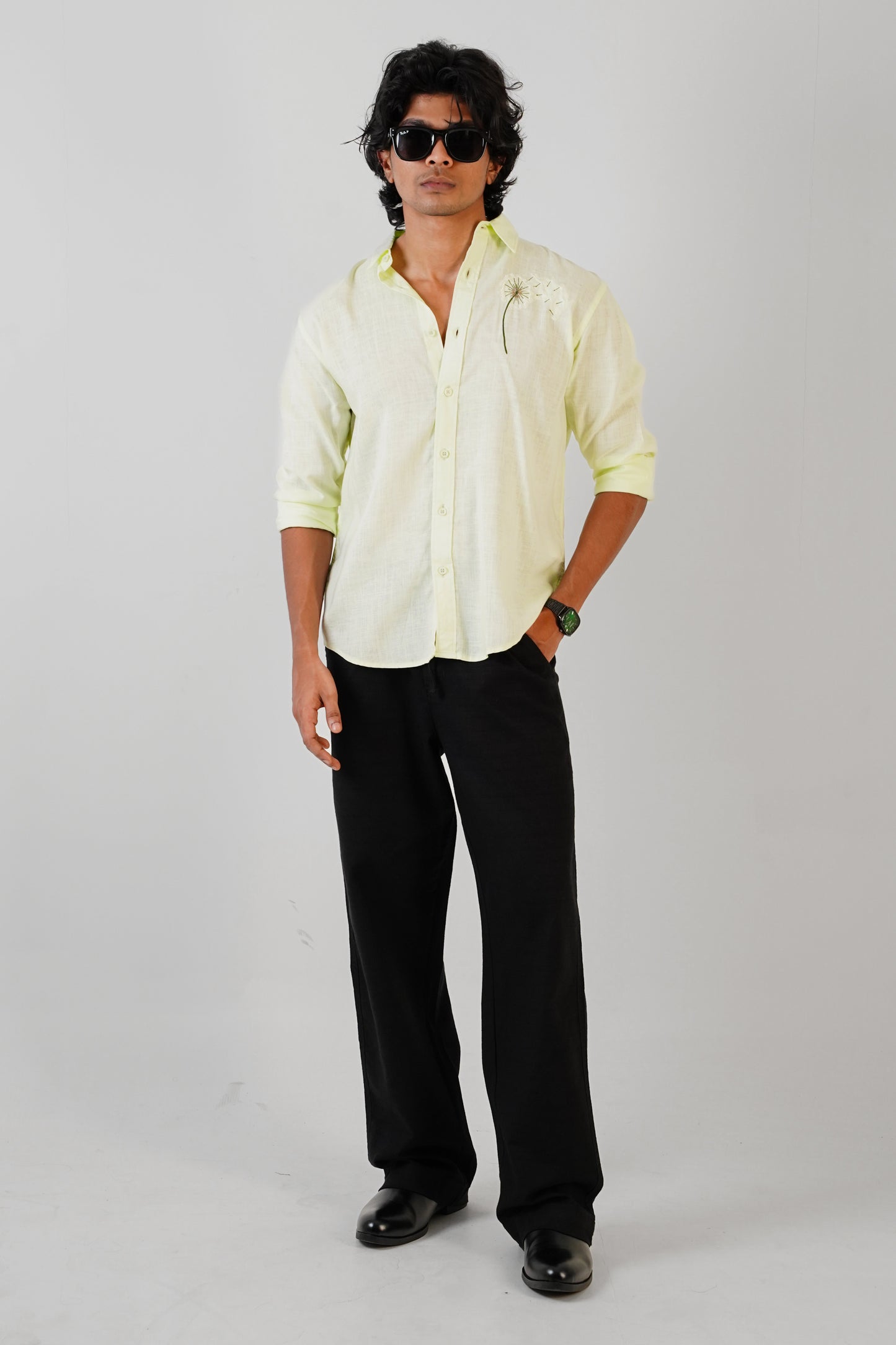 Floral Embroidered Pista Linen Shirt