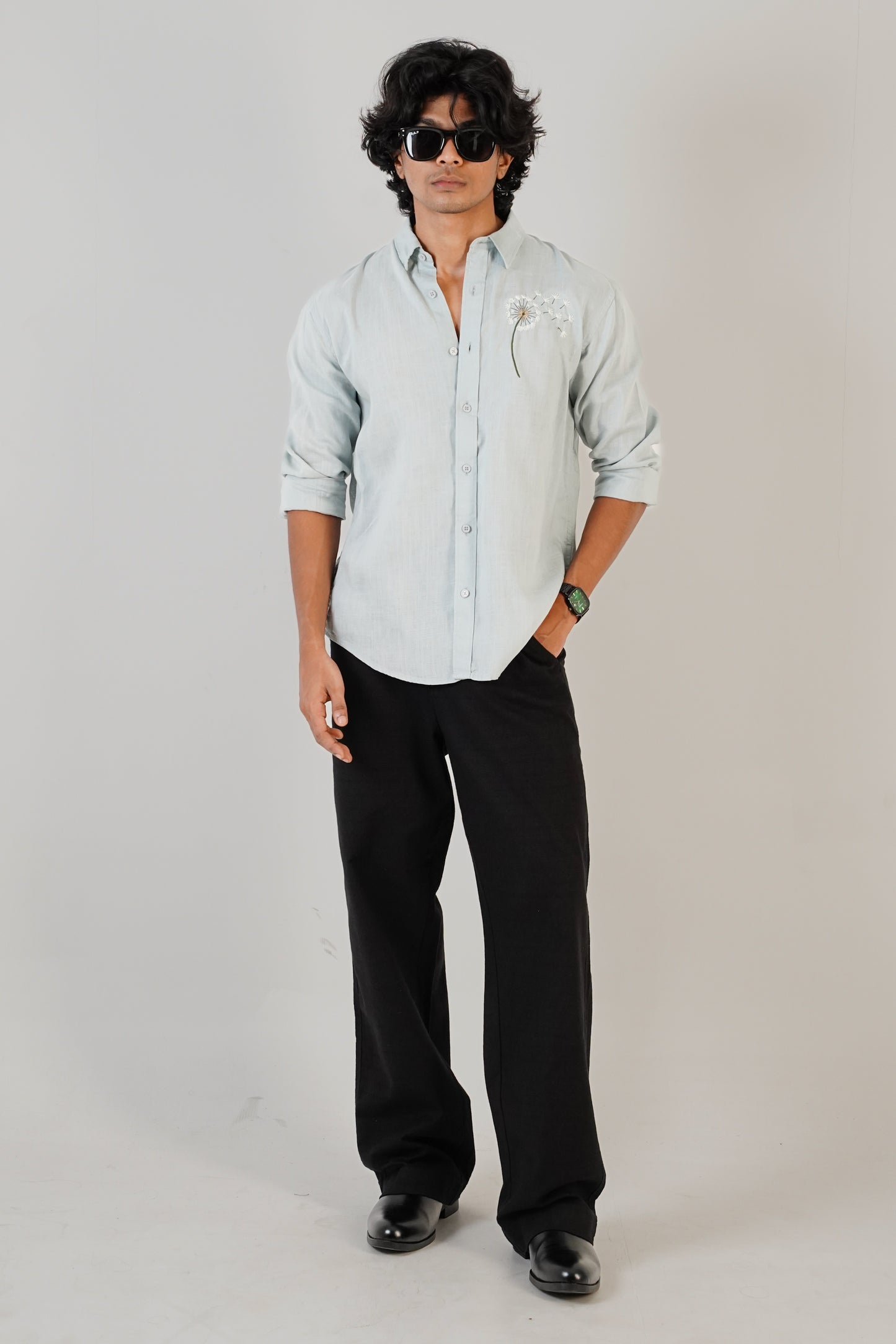 Floral Embroidered Cloud Blue Linen Shirt