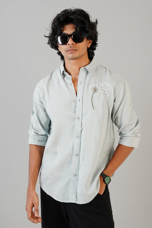 Floral Embroidered Cloud Blue Linen Shirt