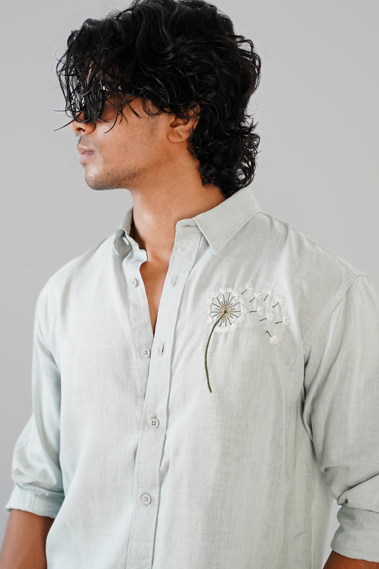 Floral Embroidered Cloud Blue Linen Shirt