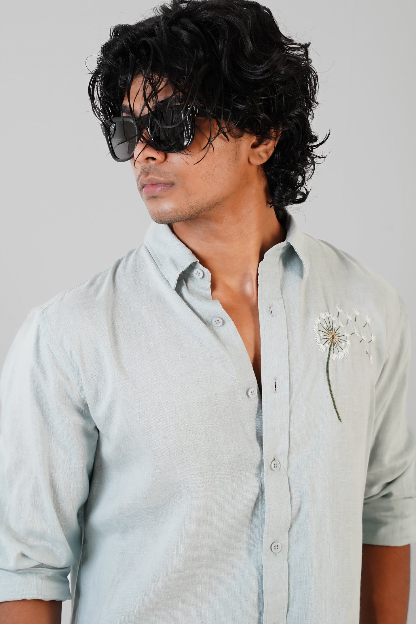 Floral Embroidered Cloud Blue Linen Shirt
