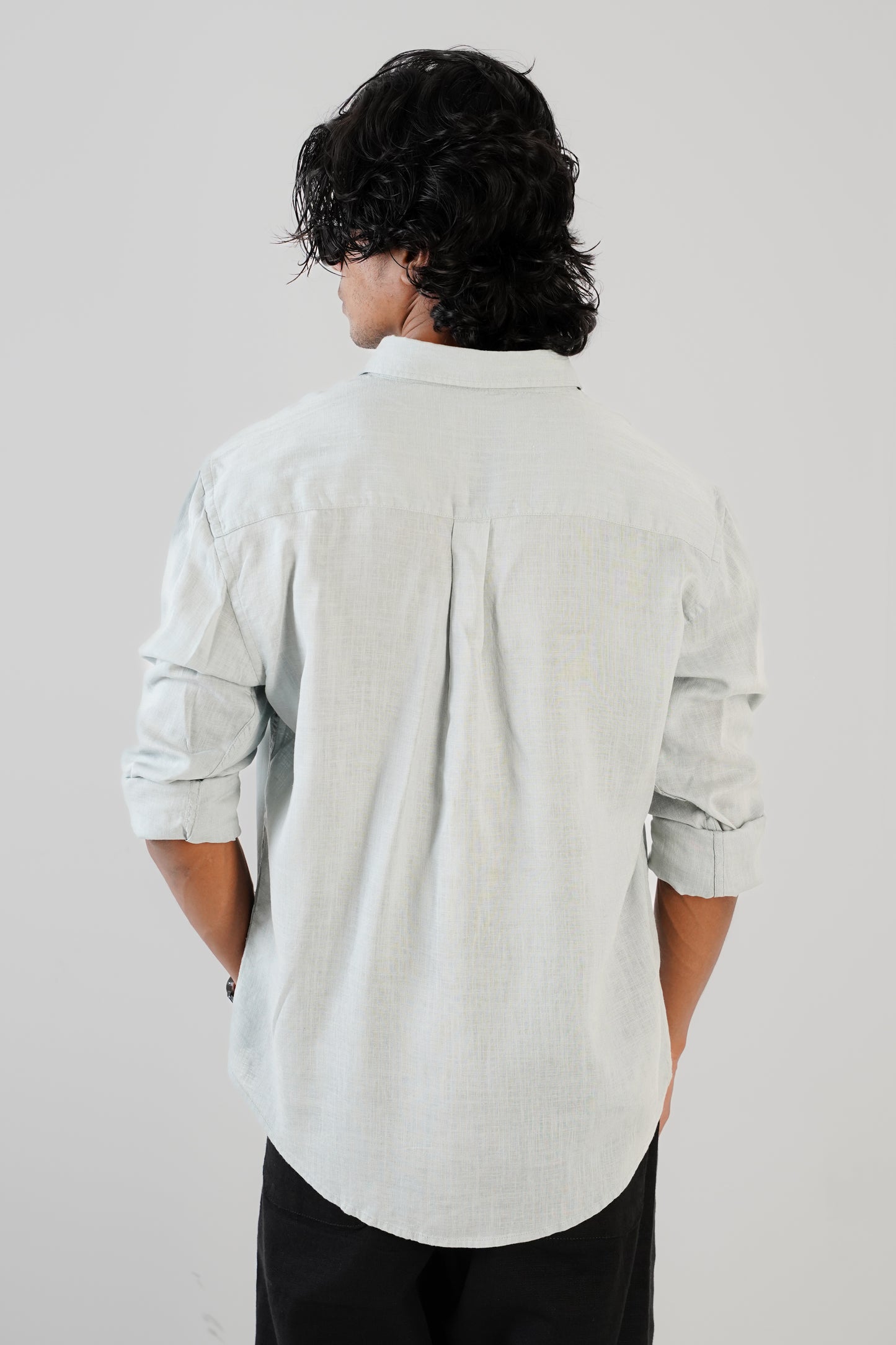 Floral Embroidered Cloud Blue Linen Shirt