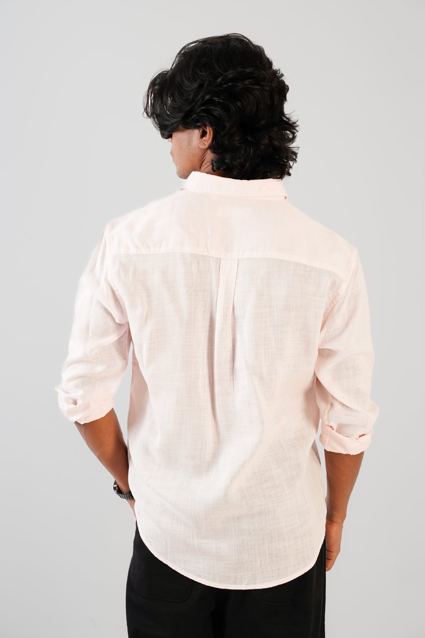Floral Embroidered Baby Pink Linen Shirt